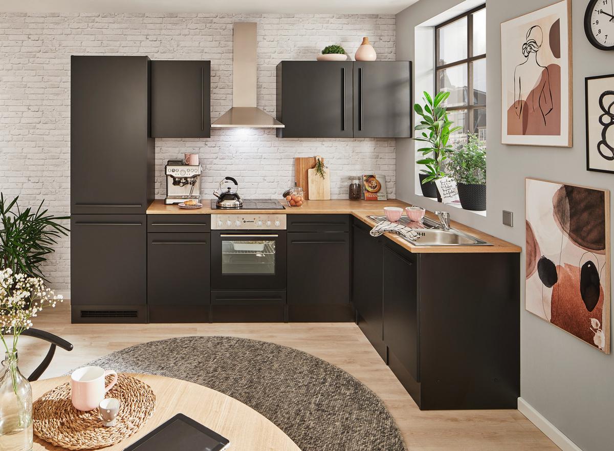 Eckküche Jazz mit Geräten ca.280x175cm Schwarz - Eichefarben/Schwarz, LIFESTYLE, Holzwerkstoff/Kunststoff (280/175cm) - P & B