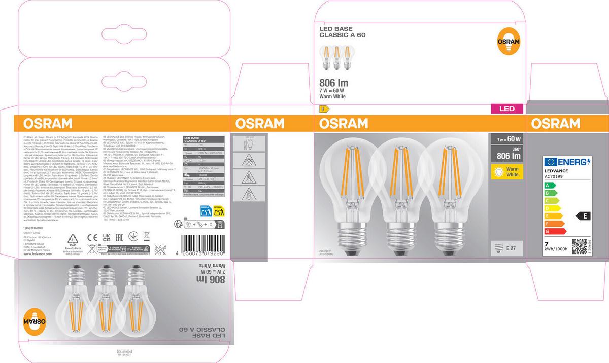 ŻARÓWKA LED FILAMENT BASECLA60 6,5W-827 FIL - przejrzysty, Basics, szkło (6/10,5cm) - Osram