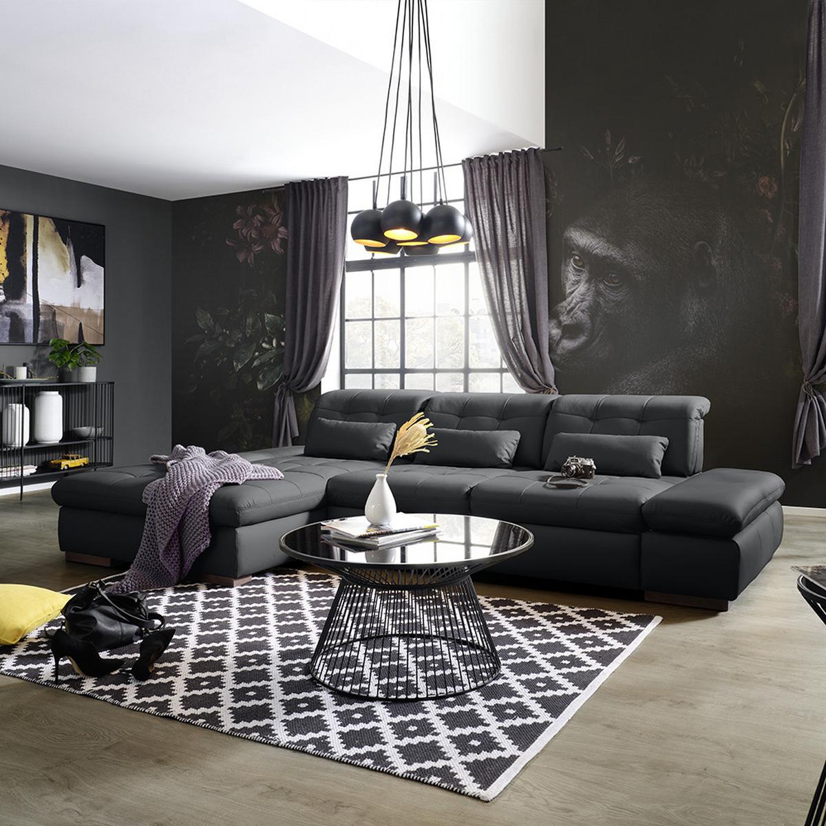 Wohnlandschaft Sanfino Leder Schwarz - Chromfarben/Schwarz, KONVENTIONELL, Leder/Metall (199/79-96/305cm) - Premium Living