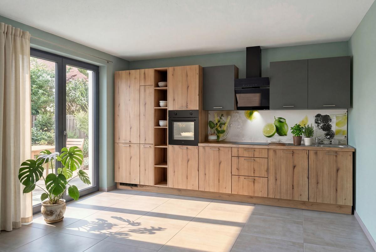 Küchenblock Plan/Win o. Geräte Eiche - Edelstahlfarben/Eichefarben, MODERN, Holzwerkstoff/Metall (420cm) - Express-Kuechen