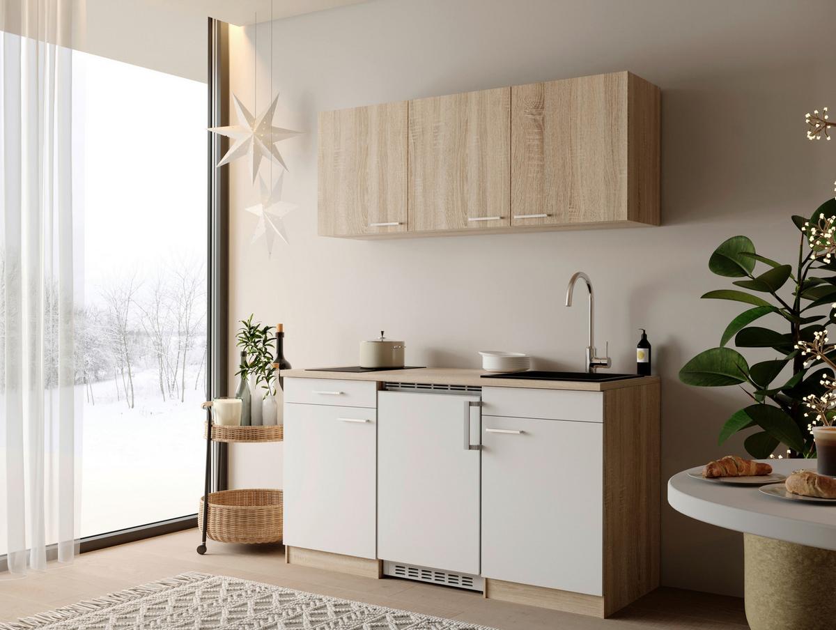 Miniküche Ingrid m. Geräten ca. 150cm Weiß - Eichefarben/Alufarben, Design, Holzwerkstoff/Kunststoff (150cm) - Respekta