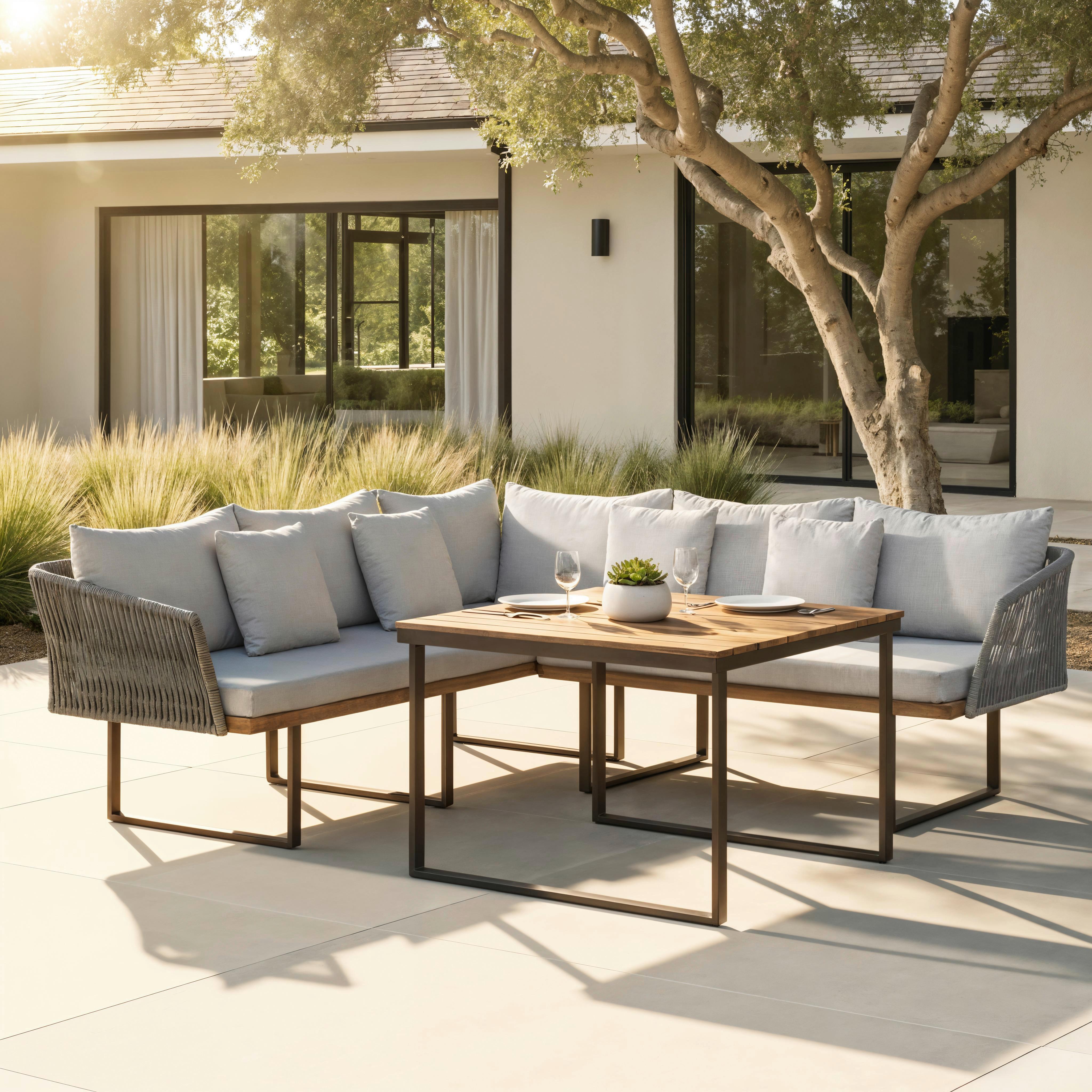 Dining-Loungeset Viola Grau Outdoorstoff/Metall/Holz - Hellgrau/Schwarz, MODERN, Holz/Kunststoff (228/75/75cm) - Bessagi Garden