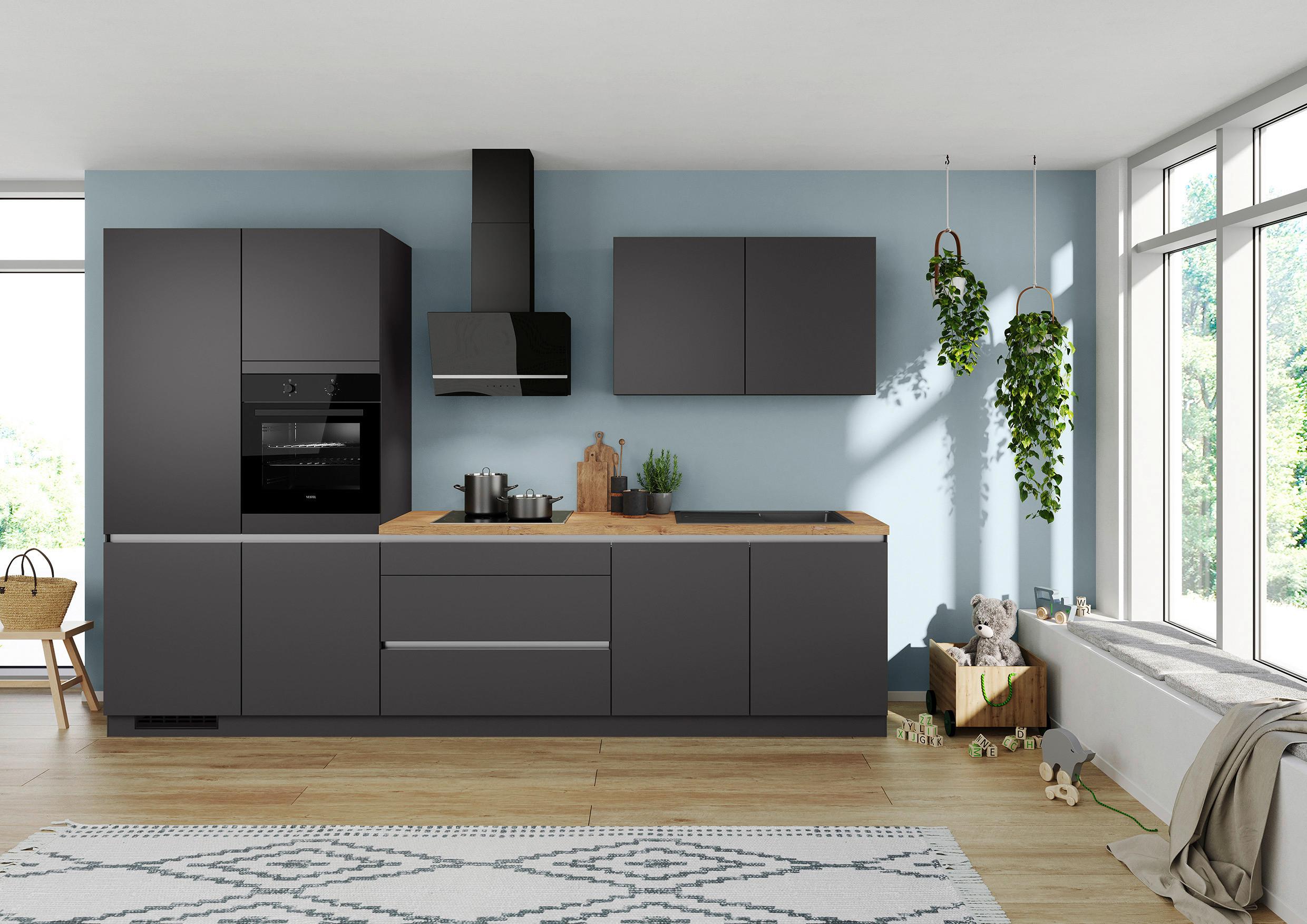 Küchenblock IBC ohne Geräte ca. 340 cm Dunkelgrau - Edelstahlfarben/Eichefarben, Design, Holzwerkstoff/Metall (340cm) - Impuls