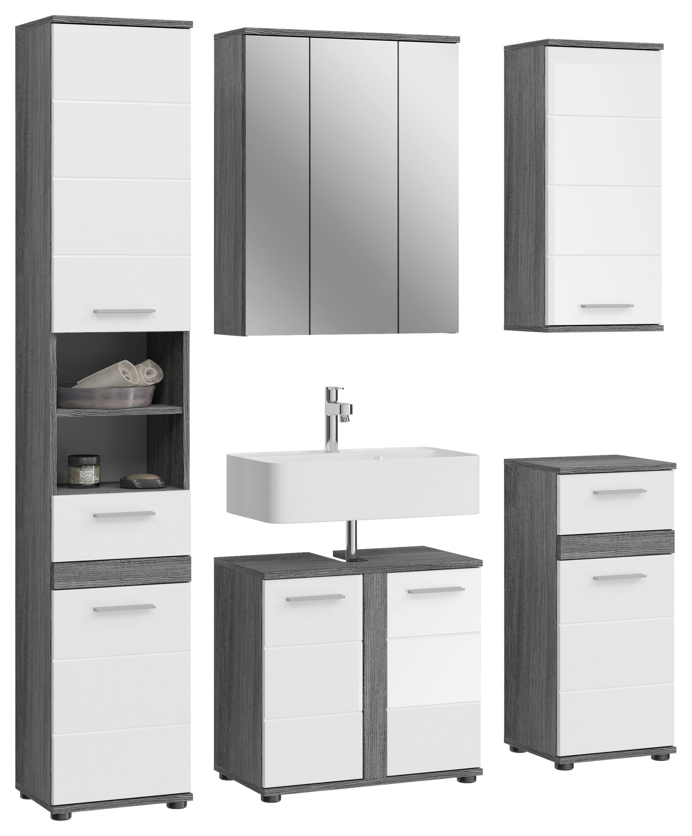 Badezimmer-Set BLAKE 5-teilig, Weiß Hochglanz - Weiß Hochglanz/Silberfarben, MODERN, Holzwerkstoff/Kunststoff (130cm) - MID.YOU