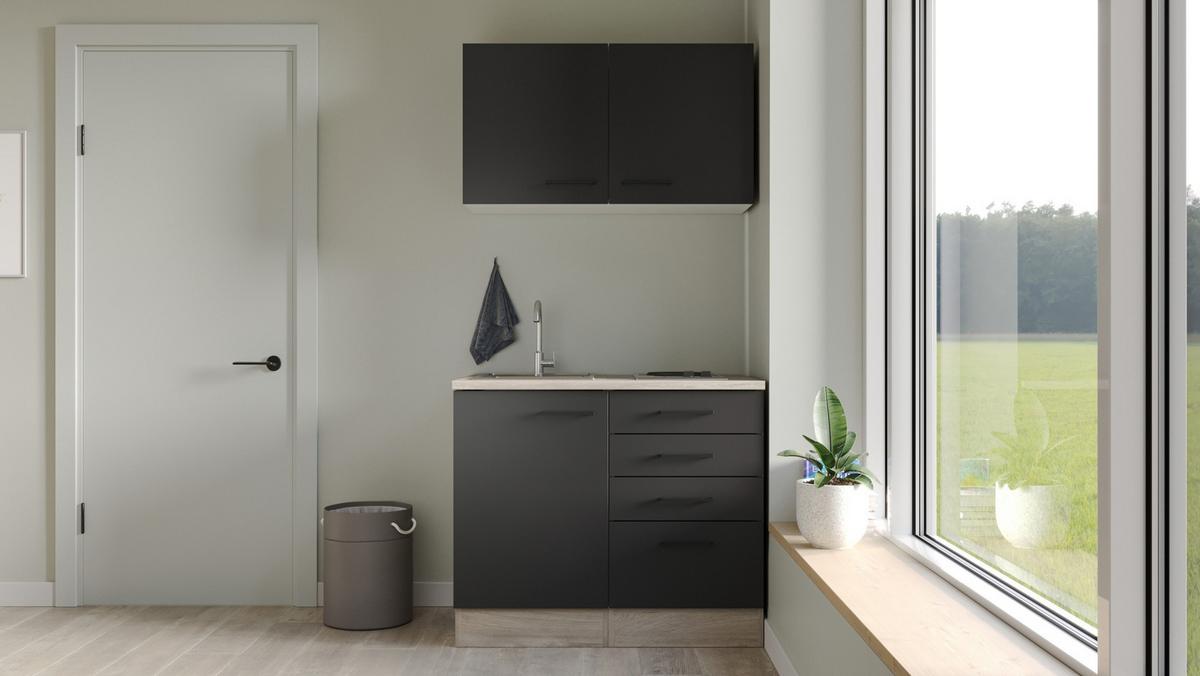 Majhna Kuhinja Capri, Črna, Hrast - črna/barve hrasta, Moderno, kovina/leseni material (100cm) - FlexWell
