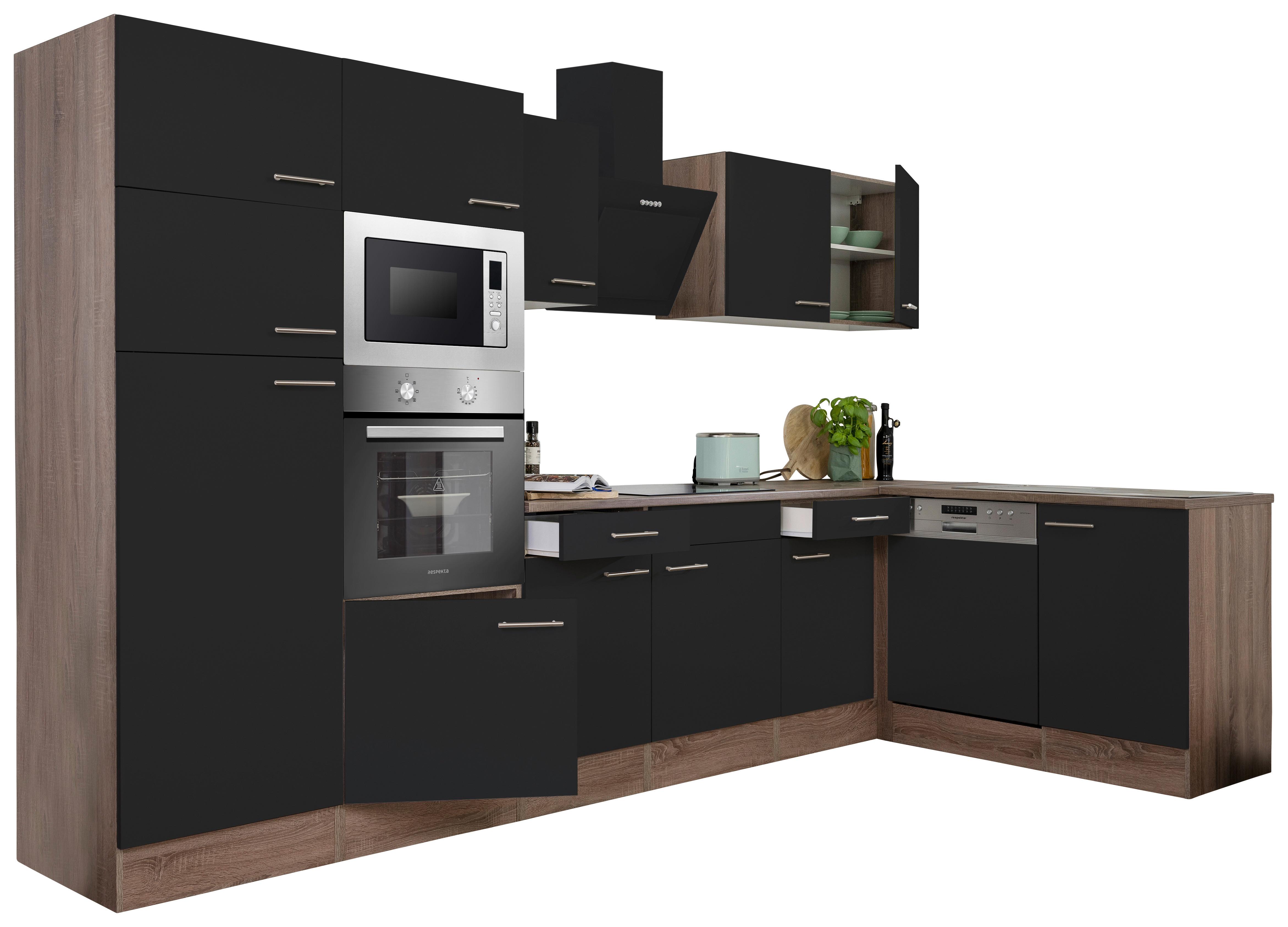 Eckküche Oliver mit Geräten ca. 340x172 cm Schwarz - Eichefarben/Schwarz, Basics, Holzwerkstoff/Metall (340/172cm) - Respekta