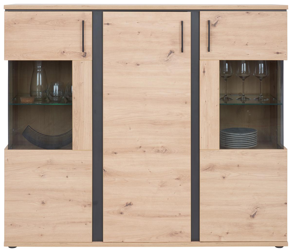 Comodă înaltă NATURE NATK 02 - culoare lemn stejar, Konventionell, sticlă/material pe bază de lemn (145cm)