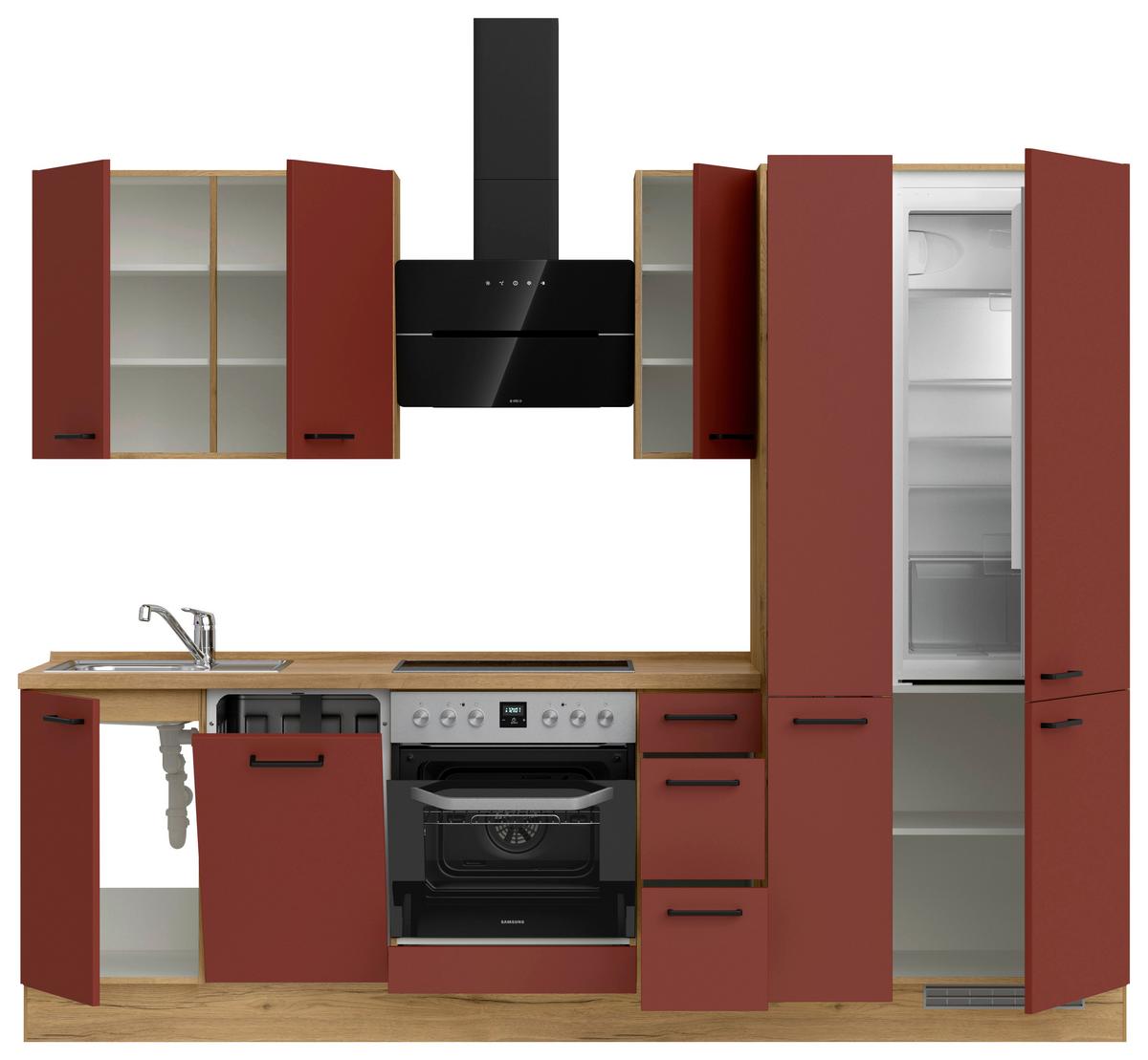 Küchenblock Easytouch High m. Geräten Dunkelrot - Eichefarben/Schwarz, MODERN, Holzwerkstoff/Metall (270cm) - Nobilia