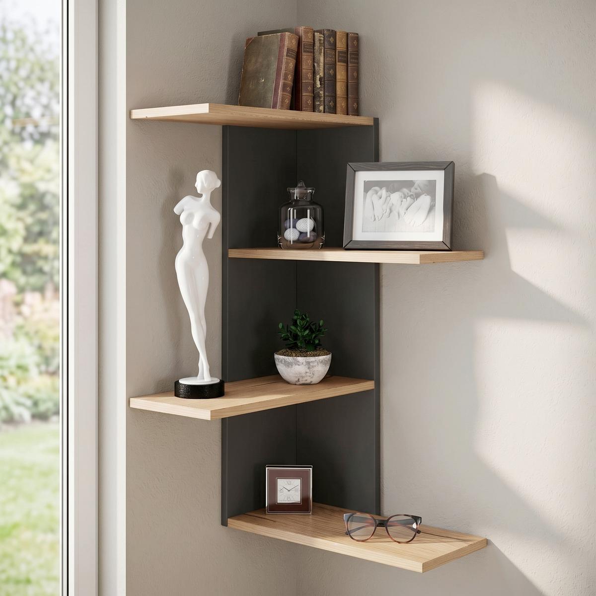 Eckregal BALOS Schwarz ca. 45x77x45cm - Honigeiche/Schwarz, LIFESTYLE, Holzwerkstoff (45/77/45cm) - MID.YOU