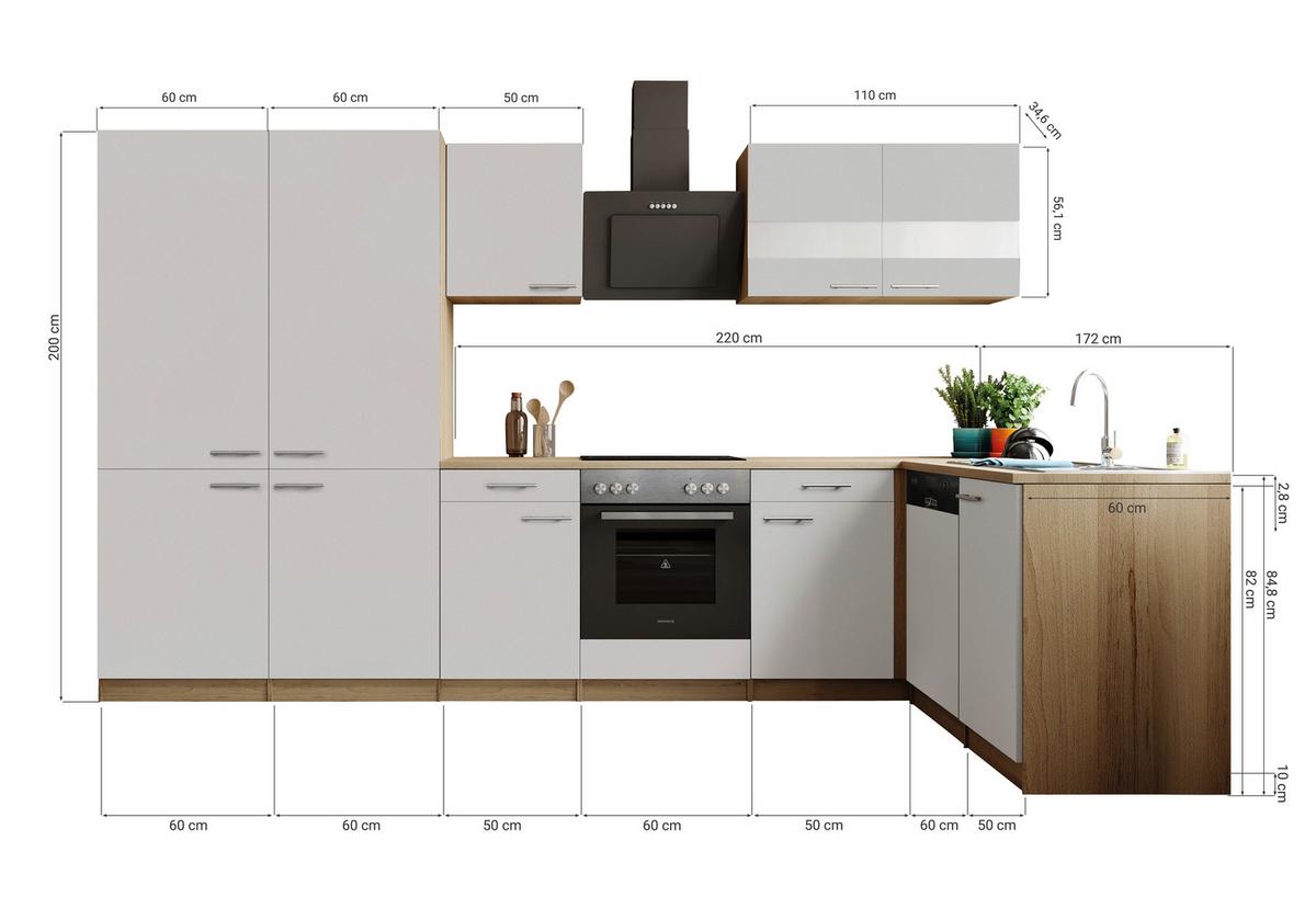 Eckküche Merle m. Geräten ca. 340x172cm Grau - Edelstahlfarben/Eichefarben, Trend, Holzwerkstoff/Metall (340/172cm) - Respekta