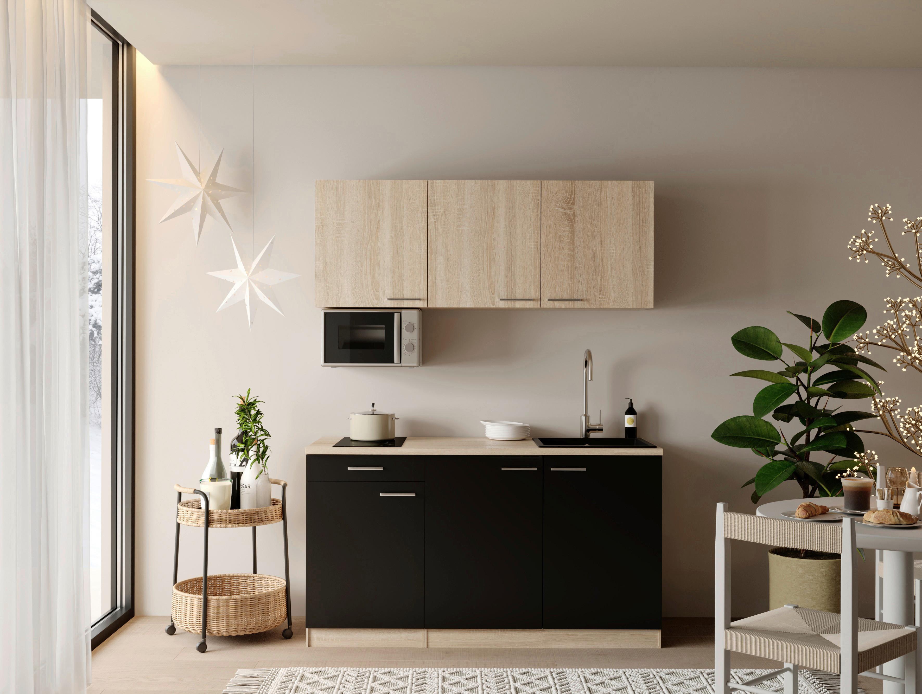 Miniküche Ingrid m. Geräten ca. 150cm Schwarz - Eichefarben/Schwarz, Design, Holzwerkstoff/Kunststoff (150cm) - Respekta