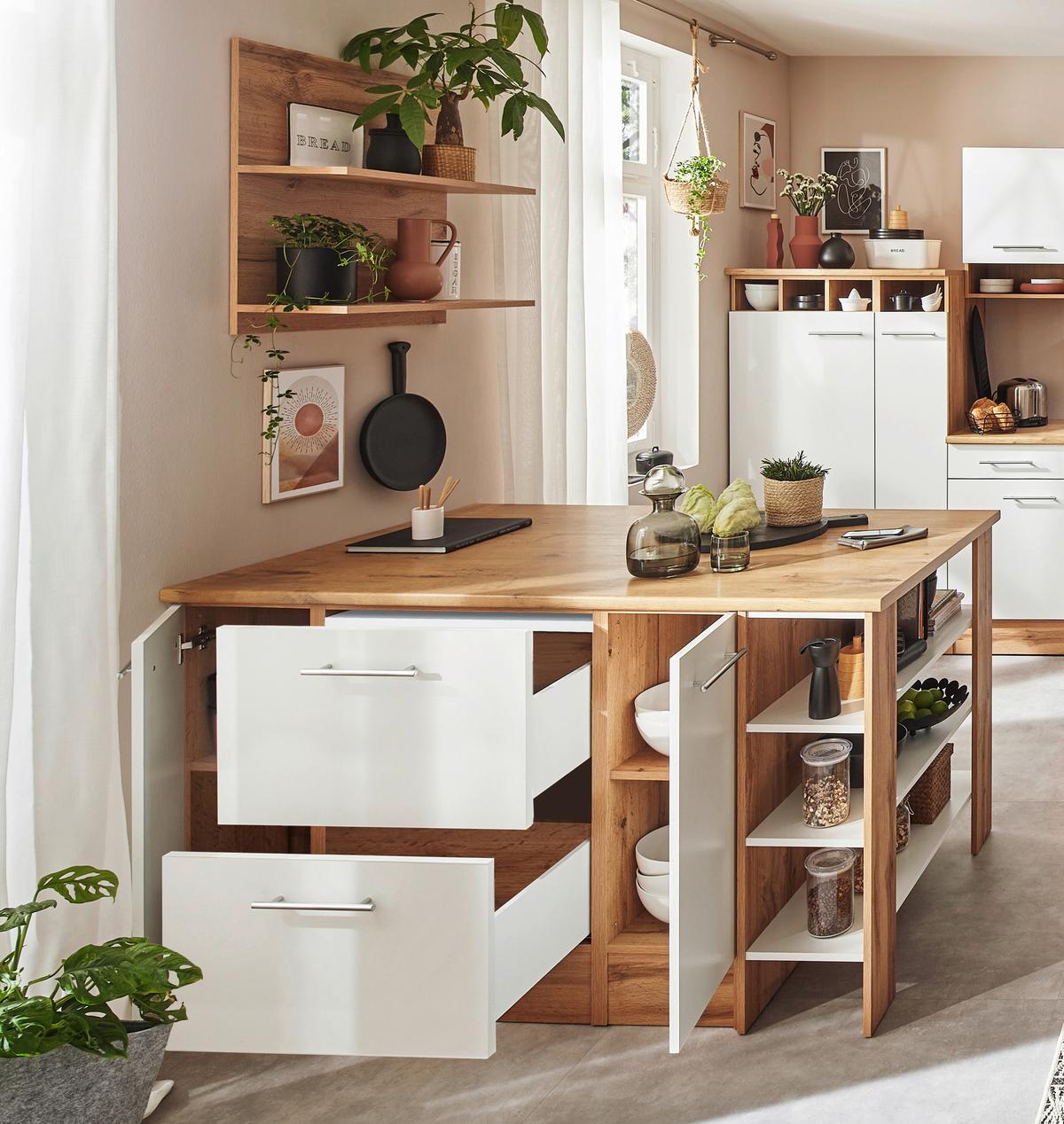 Kücheninsel Hilde ca. 150x90x90cm Wildeiche/Weiß - Wildeiche/Alufarben, Design, Holzwerkstoff/Metall (150/90/90cm) - Respekta