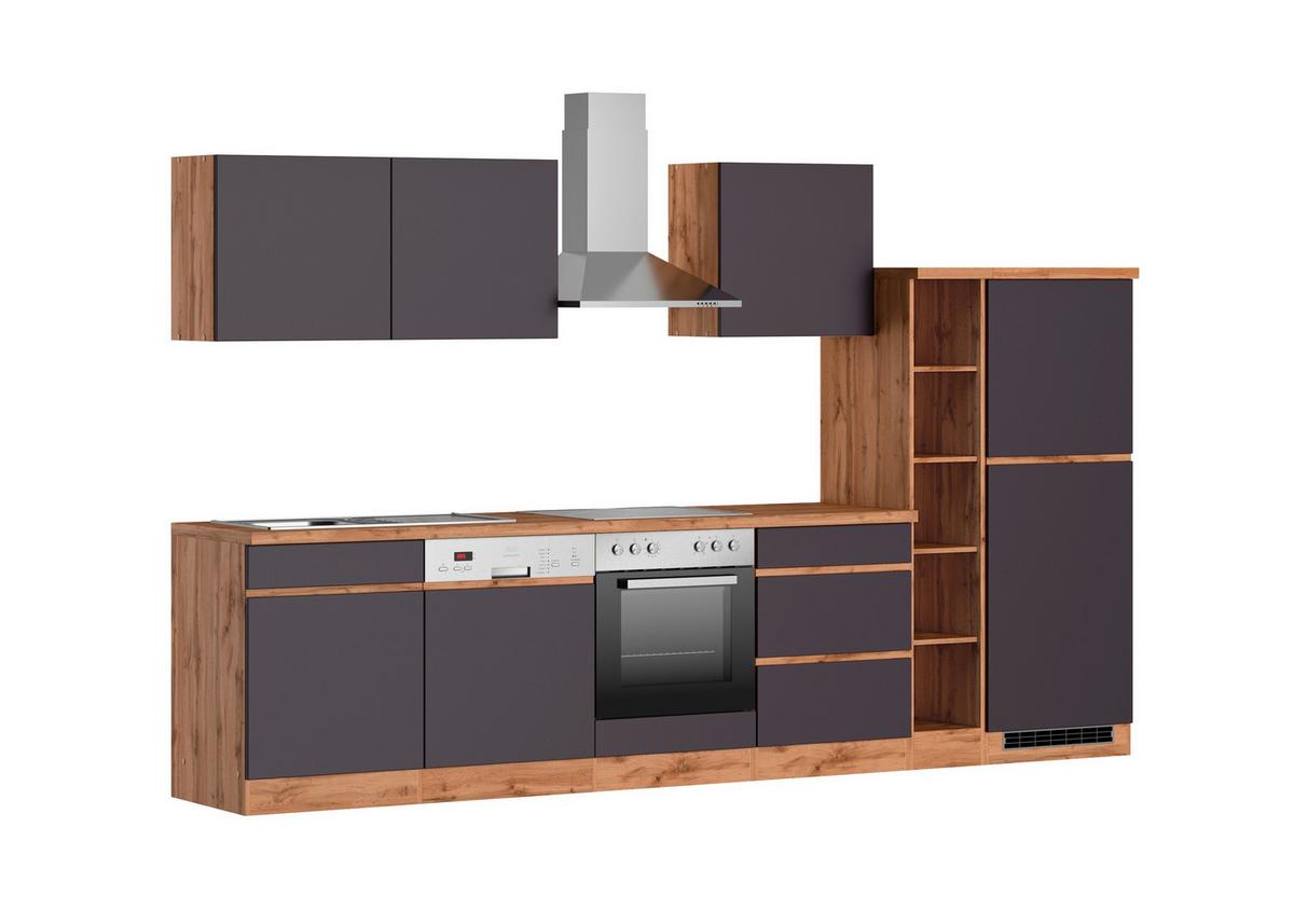 Küchenblock Turin mit Geräten c.a 330 cm Grau/Eiche - Eiche Wotan/Grau, Design, Holzwerkstoff (330cm) - Held