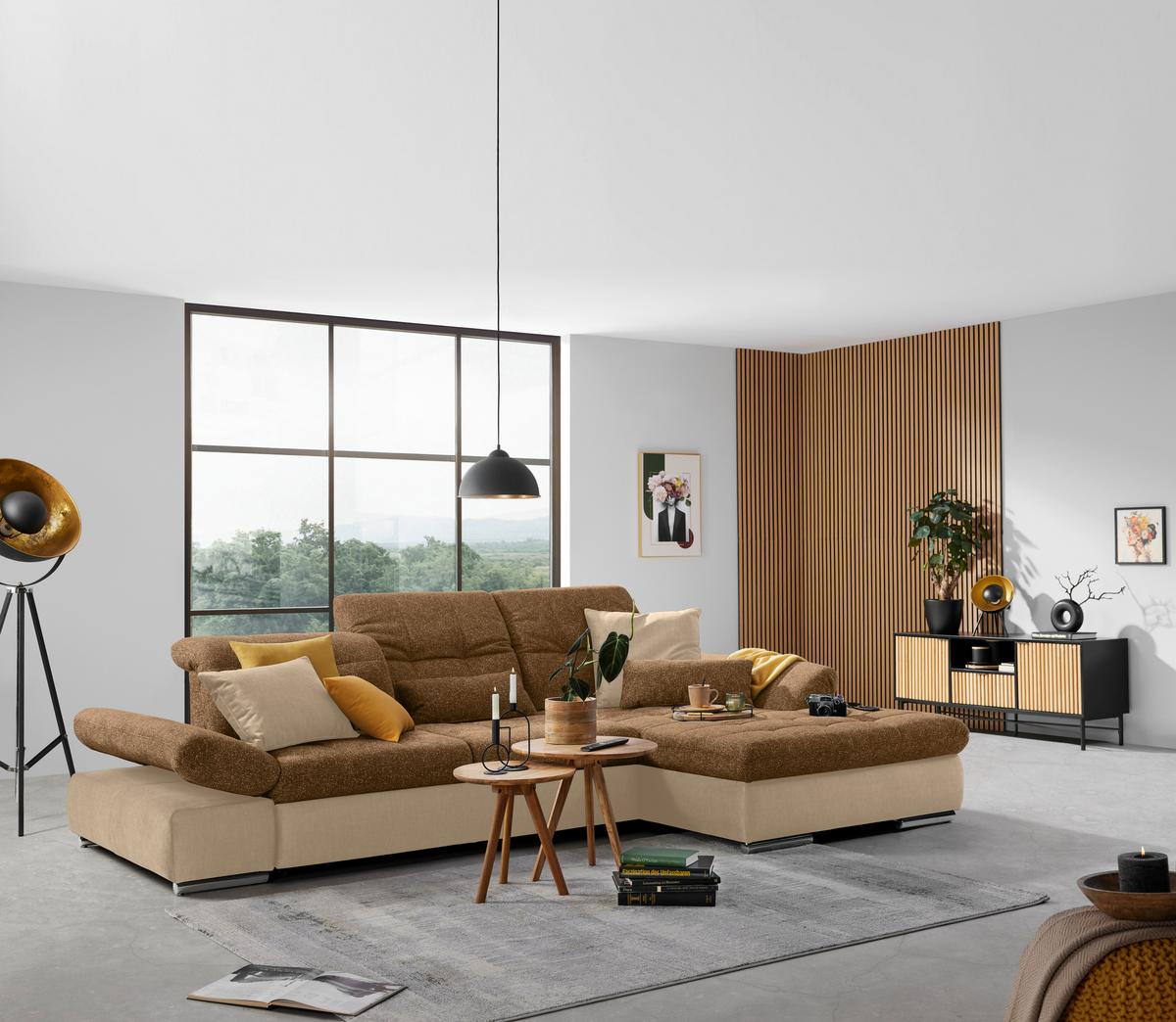 Wohnlandschaft Sanfino Taupe/Cognac - Taupe/Chromfarben, KONVENTIONELL, Holz/Textil (305/79-96/199cm) - Premium Living