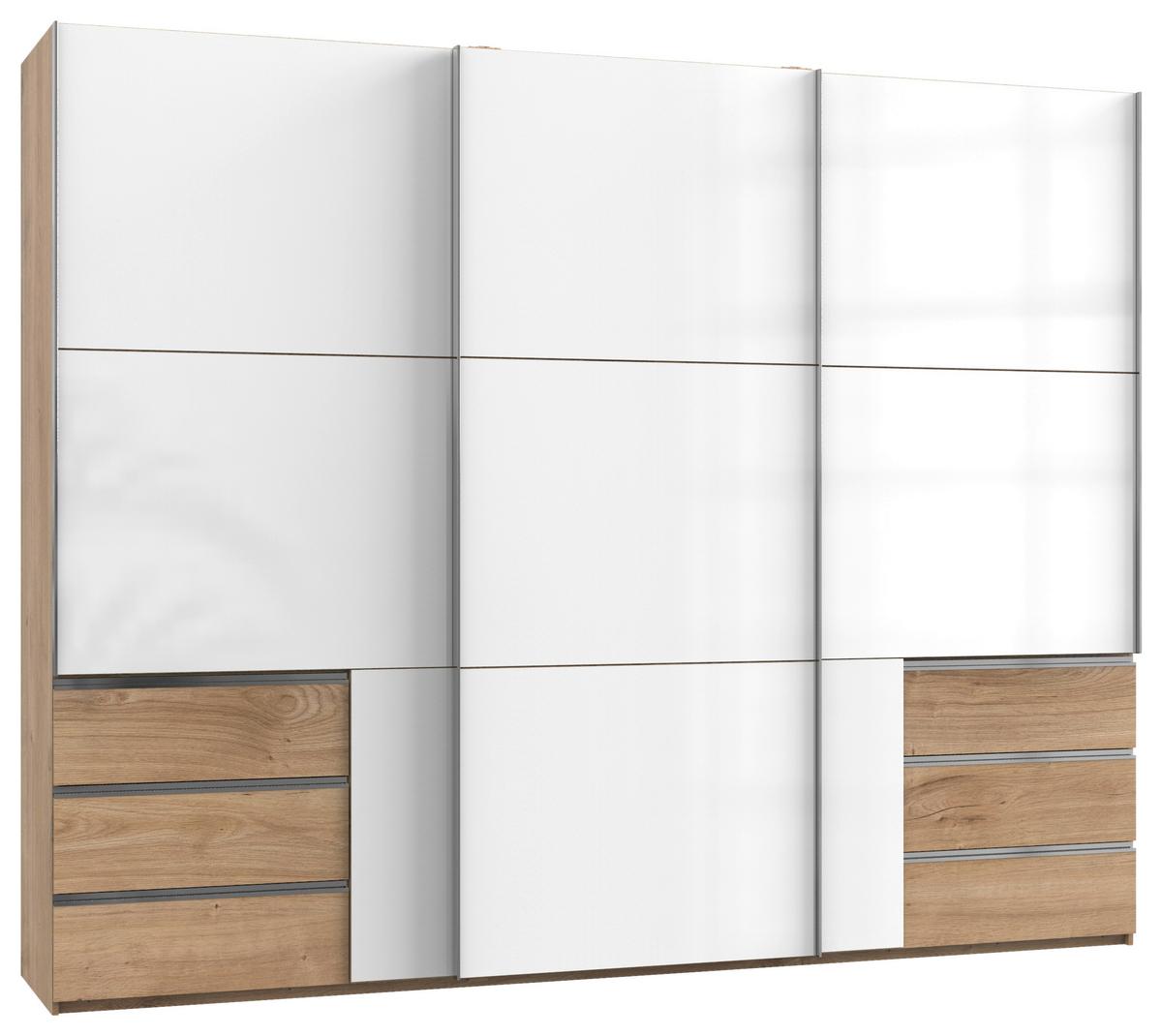 Schwebetürenschrank Level D36 ca. 300 cm Weiß/Eiche Dekor - Chromfarben/Weiß Hochglanz, MODERN, Holzwerkstoff/Metall (300/236/65cm) - MID.YOU