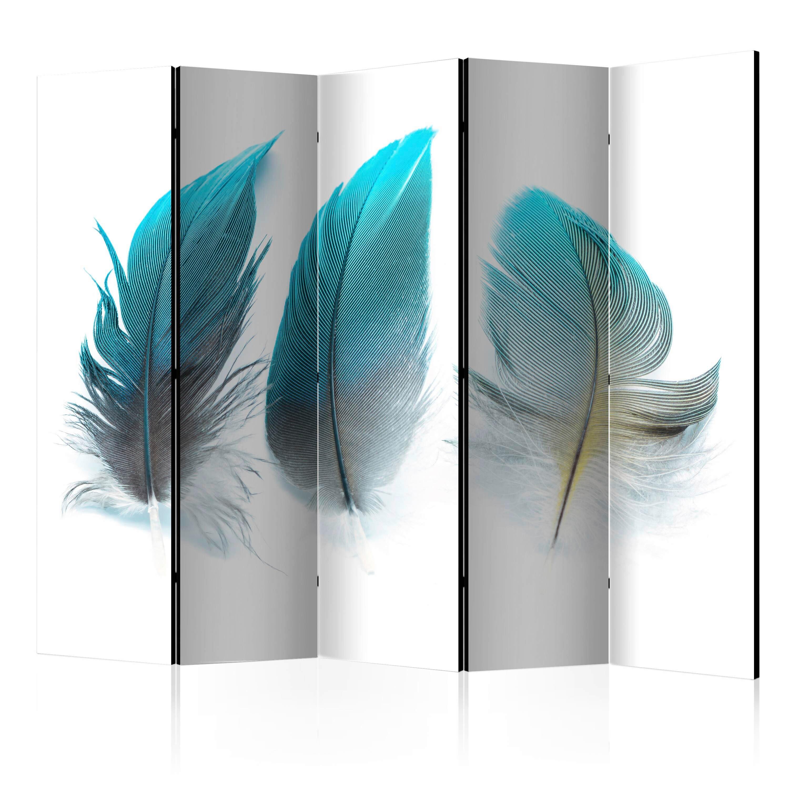 Paravan Blue Feathers Ii, Enostranski, 5-Delni - svetlo modra/bela, Basics, tekstil/les (225/172/3cm) - artgeist