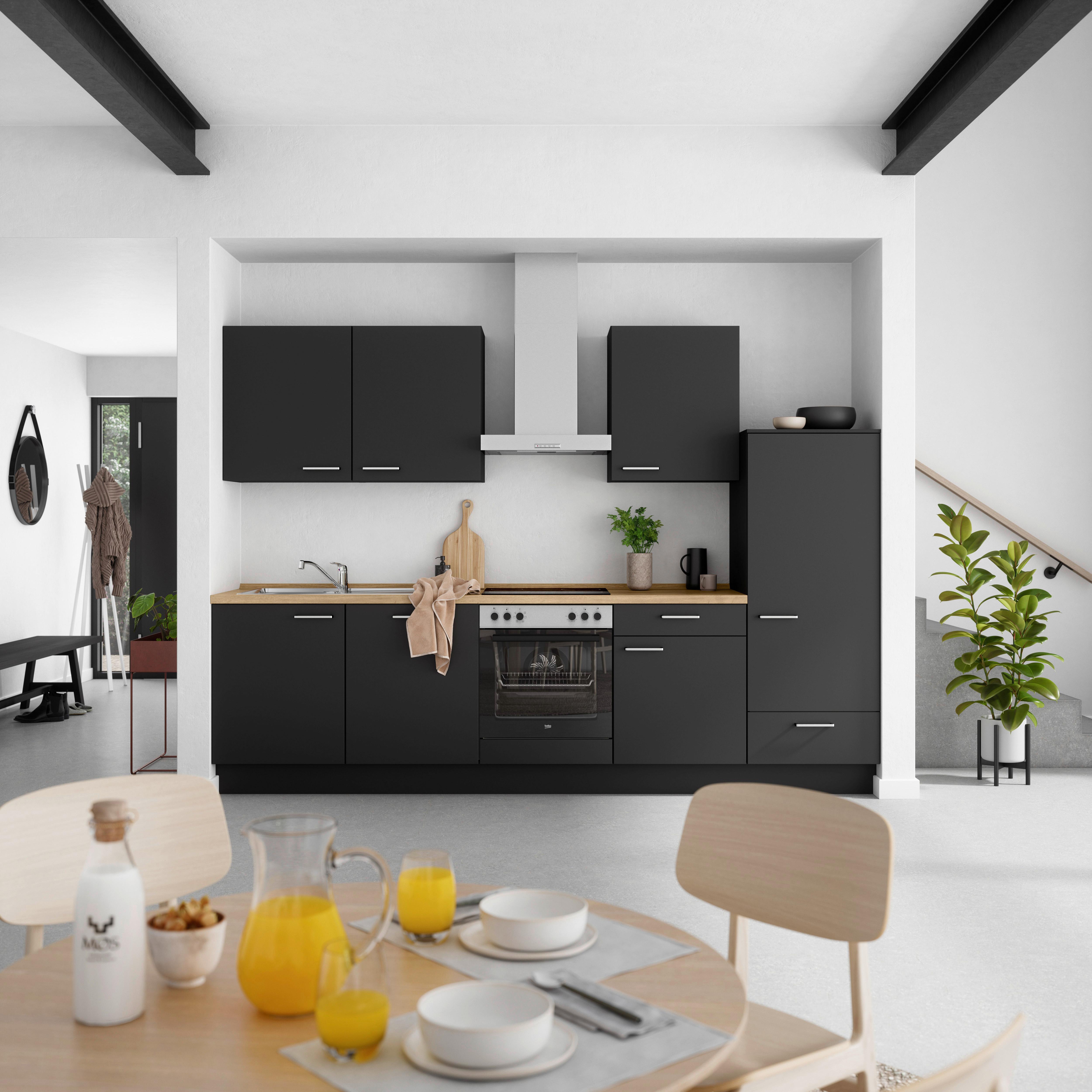 Küchenblock Touch Low m. Geräten Schwarz - Edelstahlfarben/Eichefarben, MODERN, Holzwerkstoff/Metall (300cm) - Nobilia