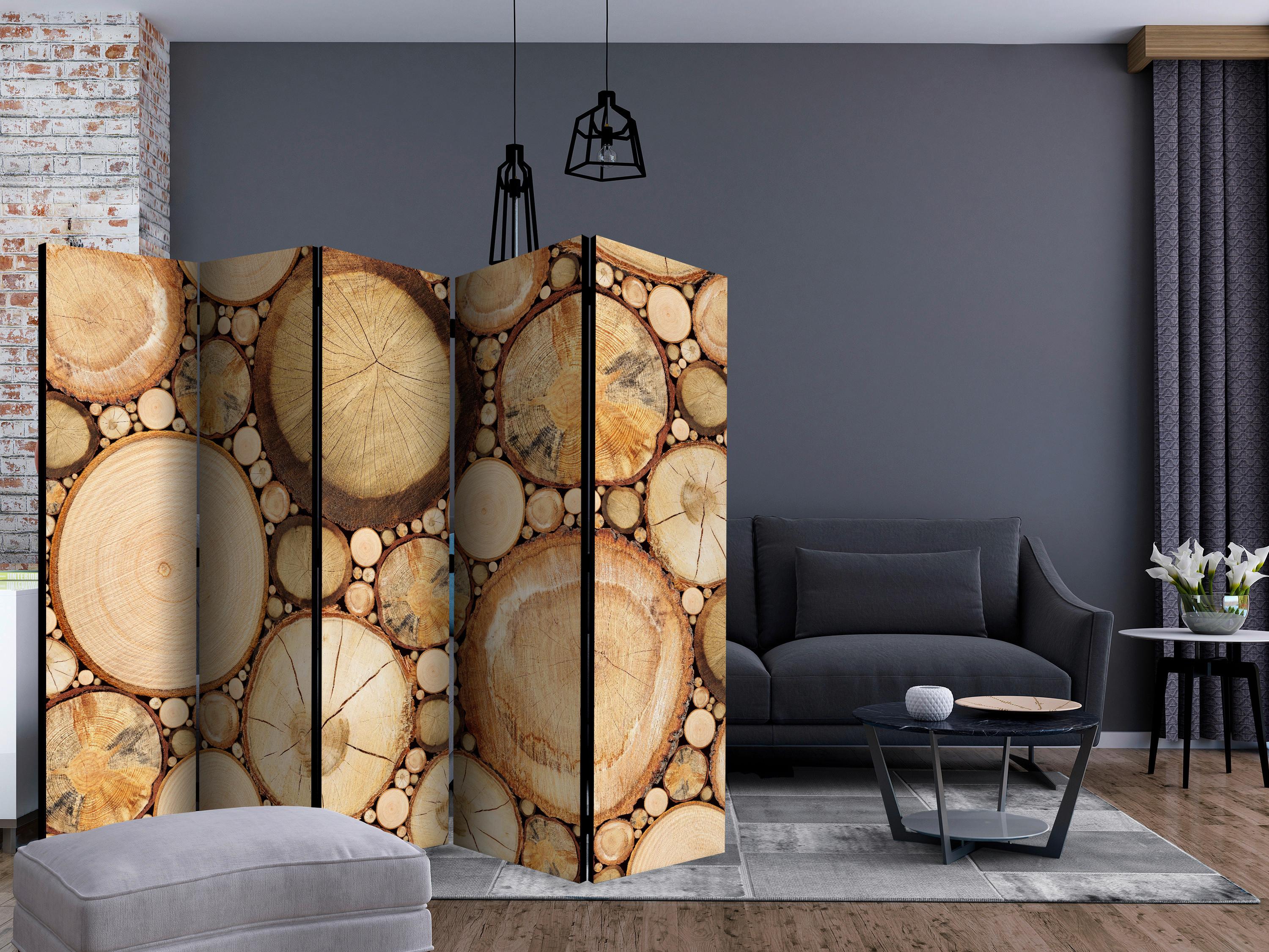 Paravan Wood Grains I, 5-Delni, Enostranski - bež/rjava, Basics, tekstil/les (225/172/3cm) - artgeist