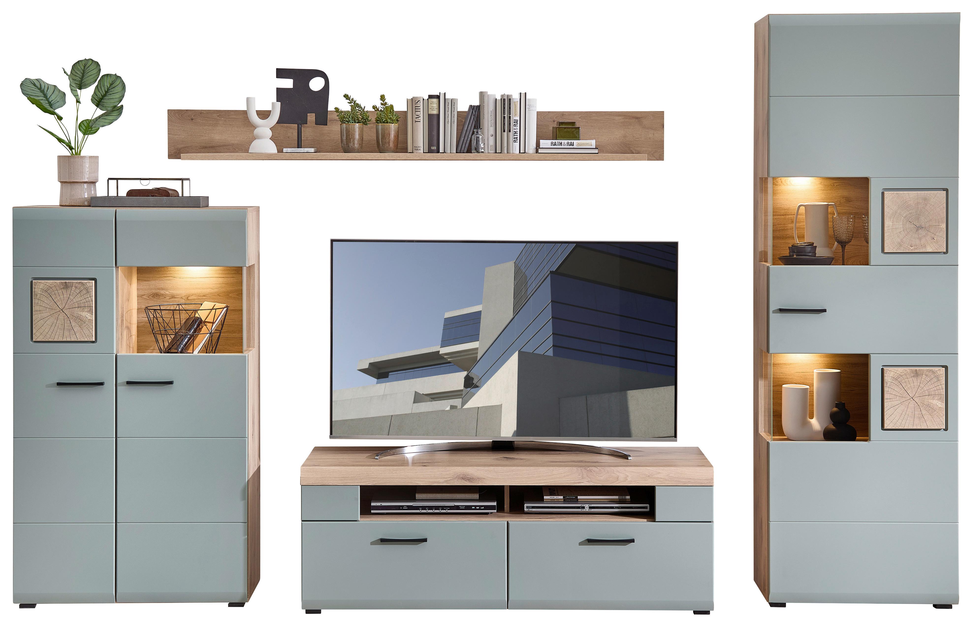 Wohnwand Fun Plus II Grün/Eichefarben - Chromfarben/Eichefarben, MODERN, Holzwerkstoff/Metall (315/205/47cm) - Mömax