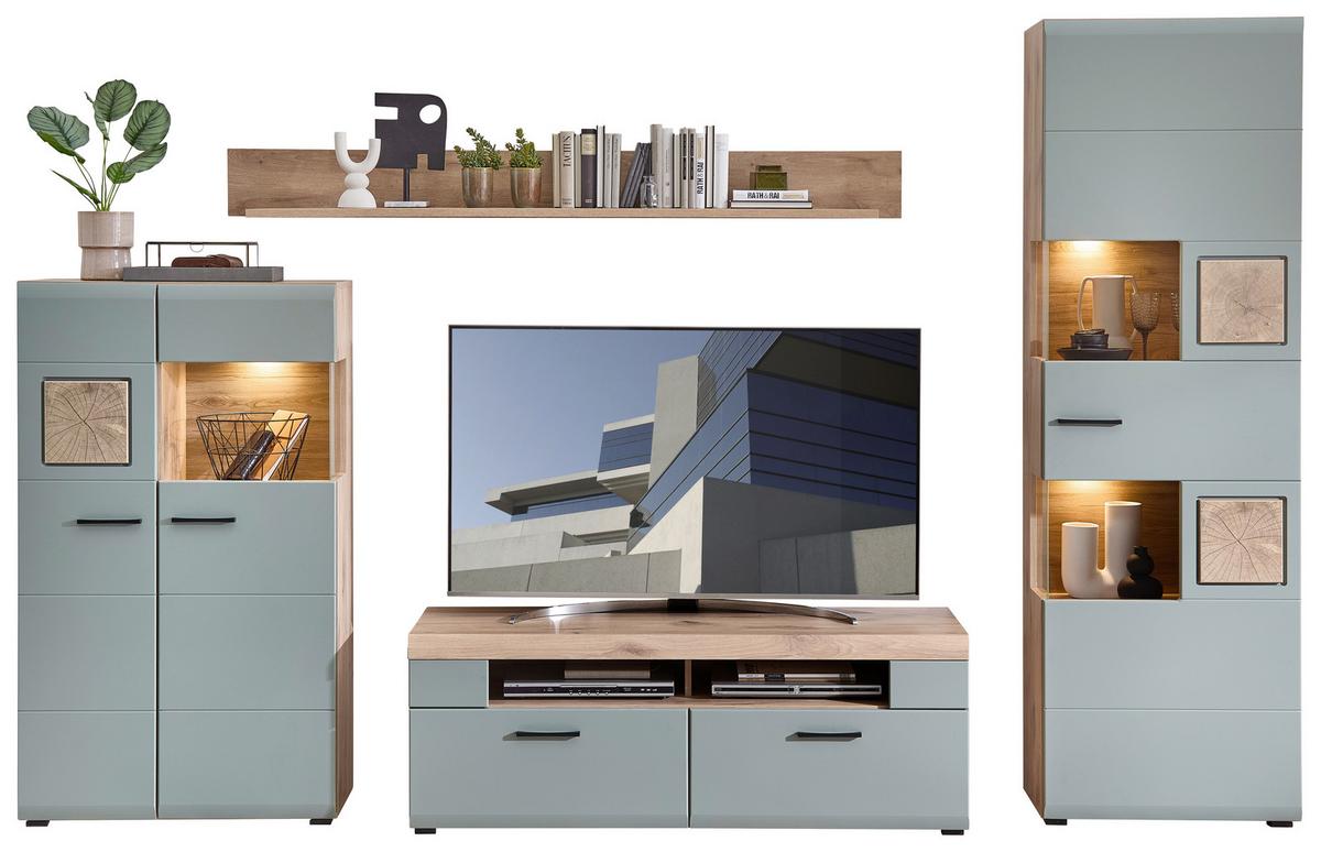 Wohnwand Fun Plus II Grün/Eichefarben - Chromfarben/Eichefarben, MODERN, Holzwerkstoff/Metall (315/205/47cm) - Mömax