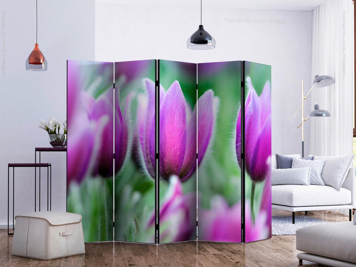 Paravan Purple Spring Tulips I, 5-Delni, Dvostranski - vijolična/zelena, Basics, tekstil/les (225/172/3cm) - artgeist