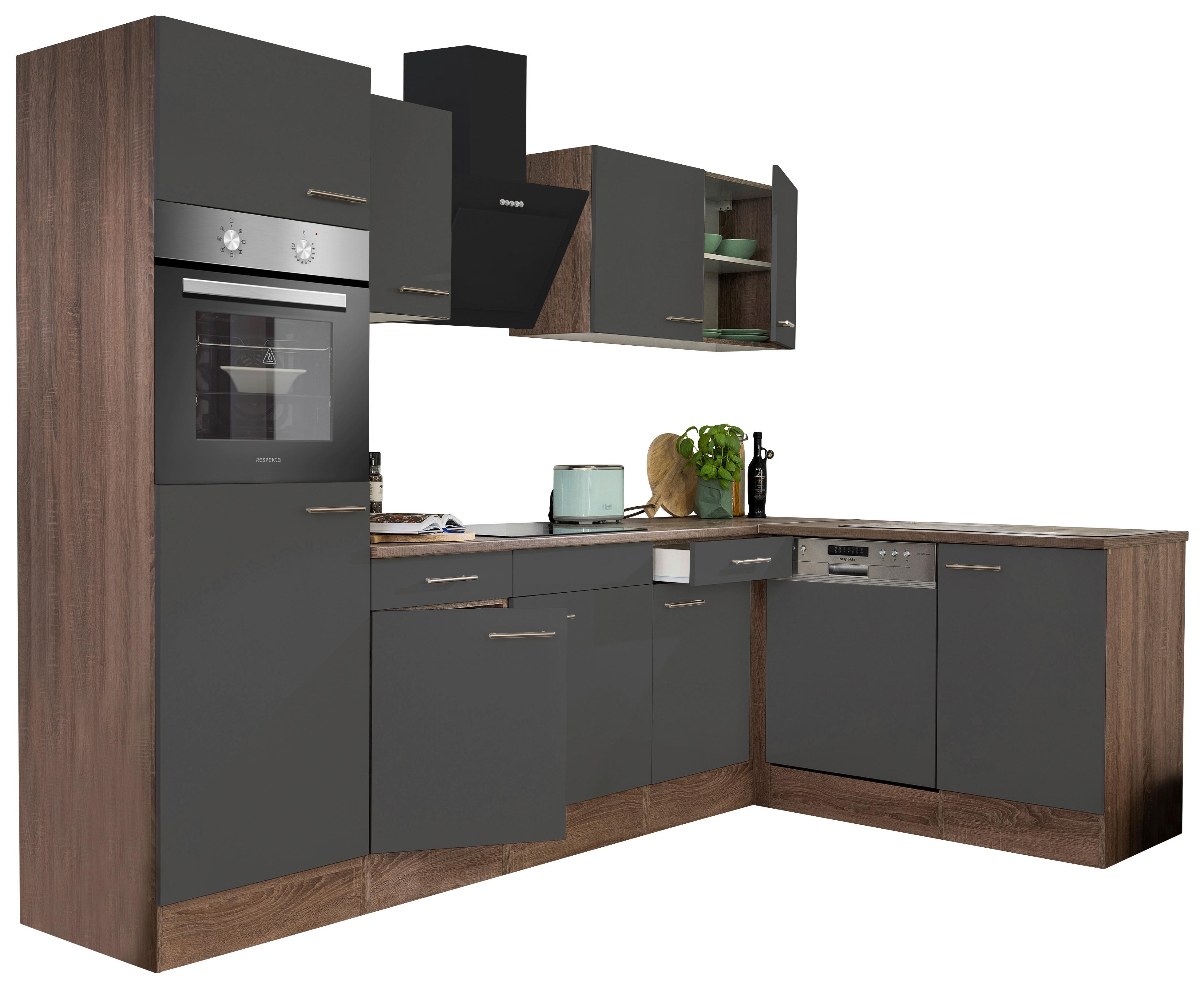 Eckküche Oliver mit Geräten ca. 280x172 cm Grau - Eichefarben/Grau, Basics, Holzwerkstoff/Metall (280/172cm) - Respekta