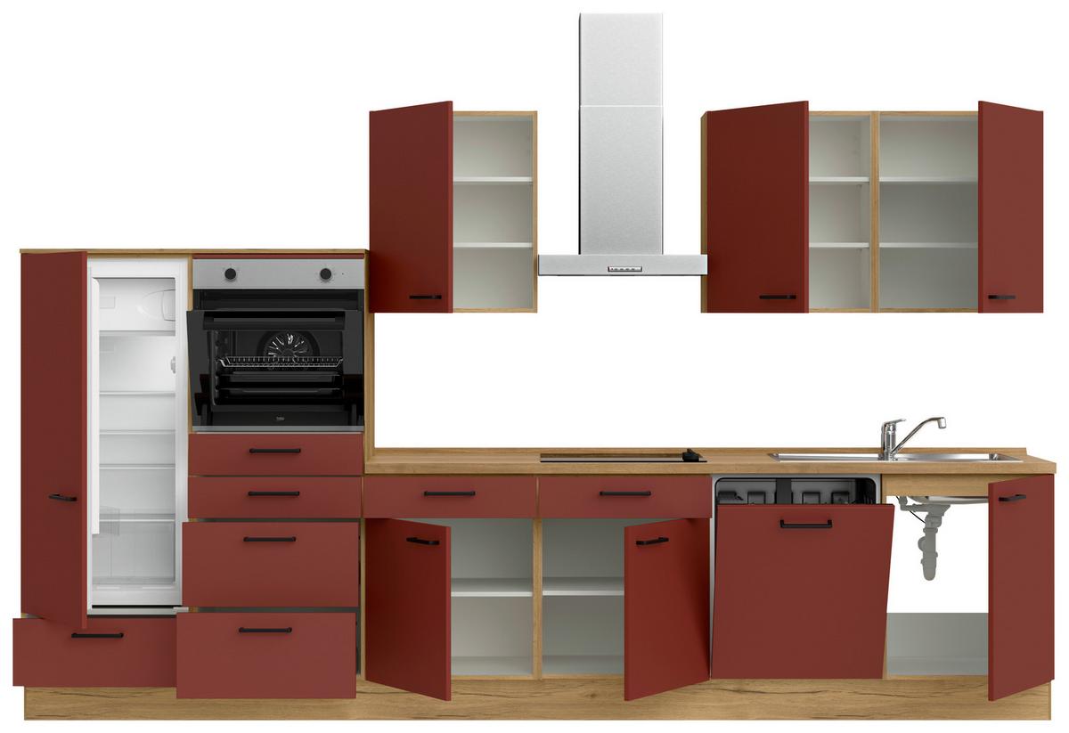 Küchenblock Easytouch Low m. Geräten Dunkelrot - Eichefarben/Schwarz, MODERN, Holzwerkstoff/Metall (360cm) - Nobilia