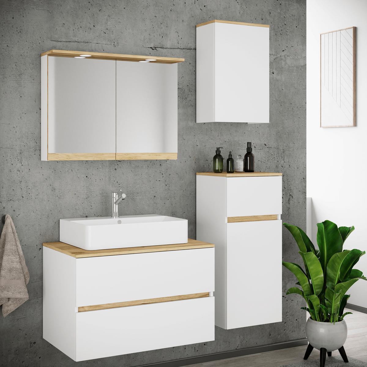 Badezimmer Cosila - Honigeiche/Weiss, Trend, Keramik/Holzwerkstoff (120cm) - MID.YOU