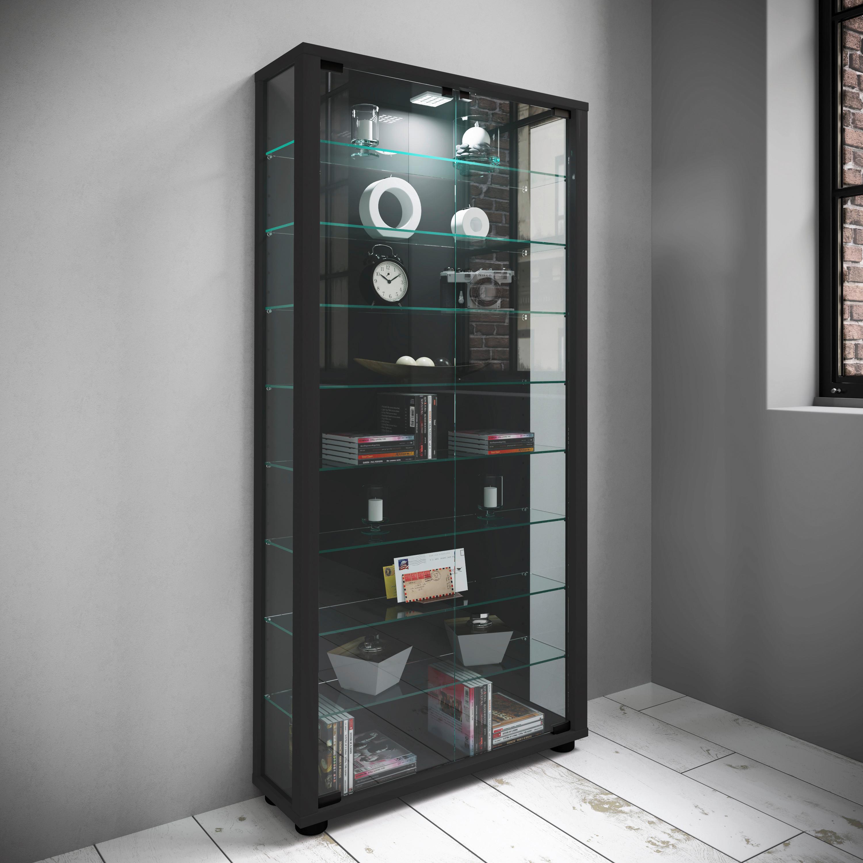 VITRINE LUMO MAXI LED - Transparent/Schwarz, Design, Glas/Holzwerkstoff (59/113/18cm) - MID.YOU