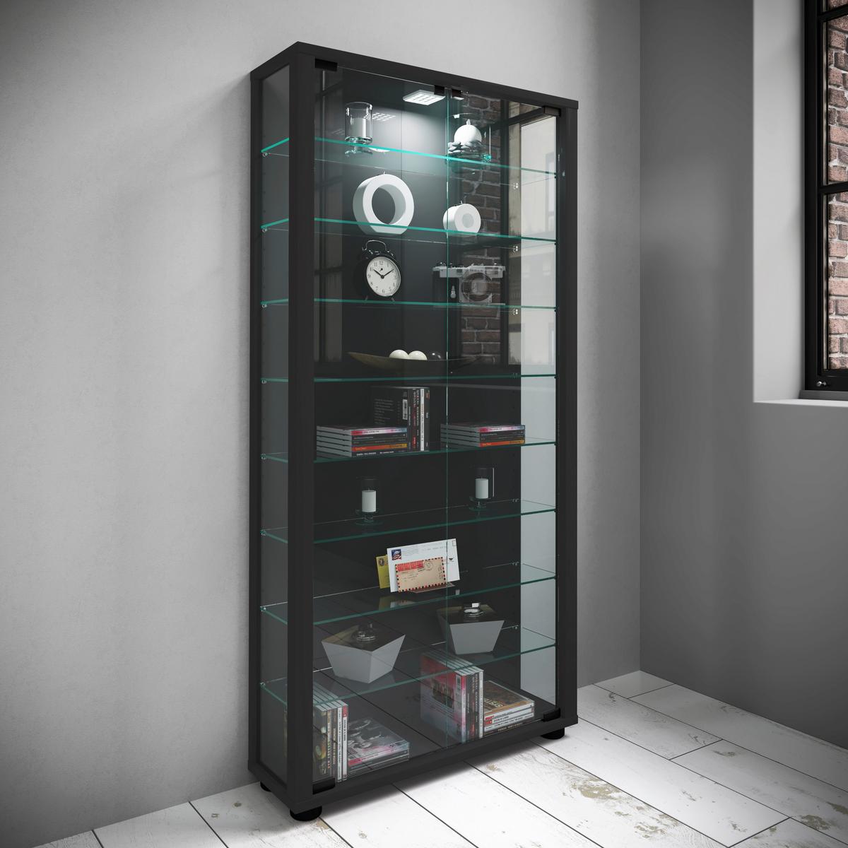 VITRINE LUMO MAXI LED - Transparent/Schwarz, Design, Glas/Holzwerkstoff (59/113/18cm) - MID.YOU