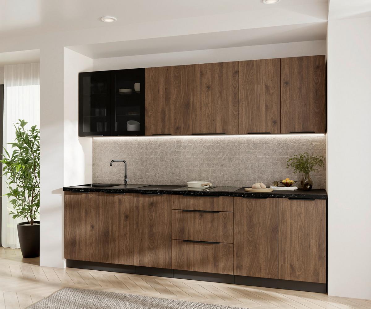 Blok Kuhinja Monza - boja orahovog drveta/crna, Moderno, staklo/metal (260/210/60cm) - Modern Living