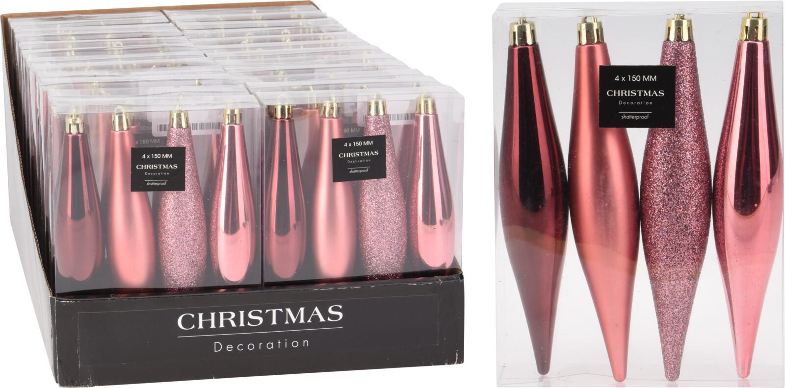 Set de globuri de Crăciun 4/1 Pink Flury - roz, Basics, plastic (11/15/3cm)