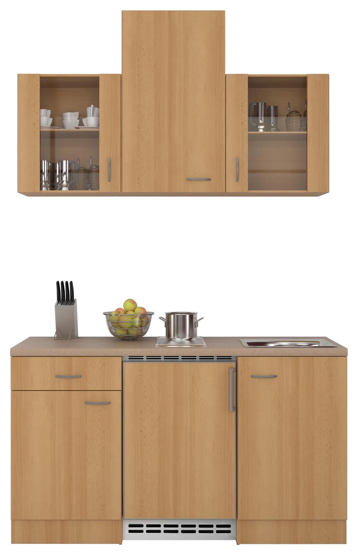 Miniküche Nano m. Geräten B: ca. 150cm Buchefarben - Edelstahlfarben/Beige, MODERN, Glas/Holzwerkstoff (150cm) - FlexWell