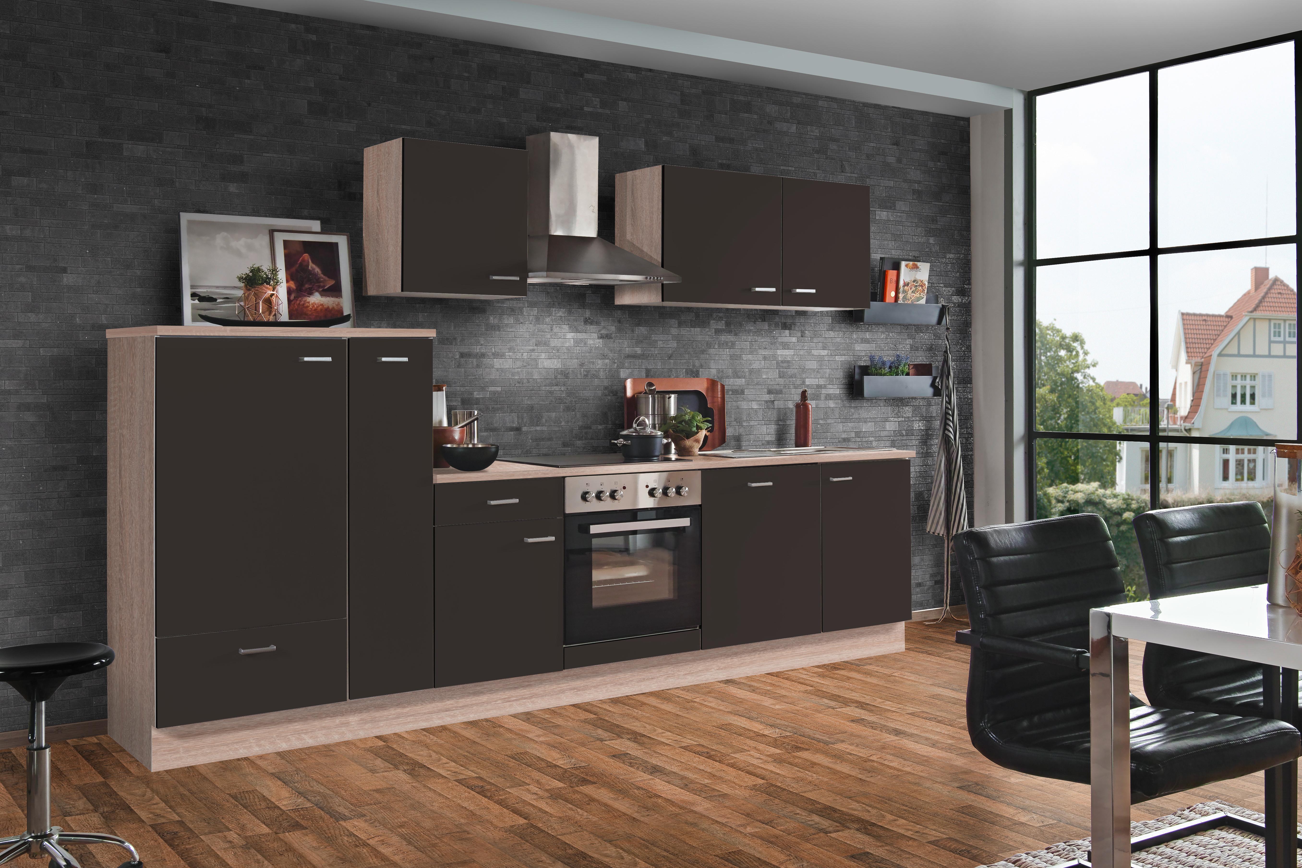 Menke Küchenblock Classic Dunkelbraun/Eiche ca. 310 cm - Dunkelbraun/Silberfarben, KONVENTIONELL, Holzwerkstoff/Kunststoff (310cm) - Menke