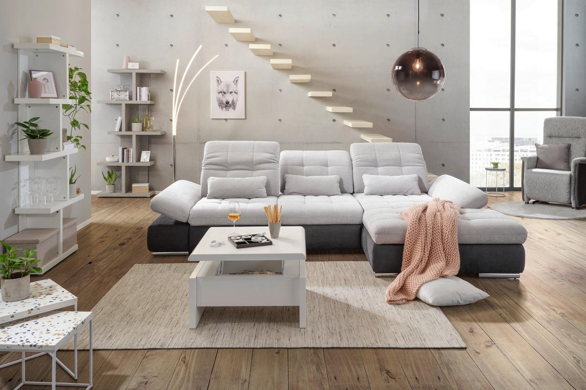 Ecksofa in Grau mit Bettfunktion - Chromfarben/Dunkelgrau, Konventionell, Holz/Textil (305/96/187cm) - Premium Living