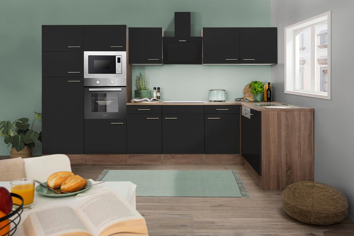 Eckküche Oliver mit Geräten ca. 340x172 cm Schwarz - Eichefarben/Schwarz, Basics, Holzwerkstoff/Metall (340/172cm) - Respekta