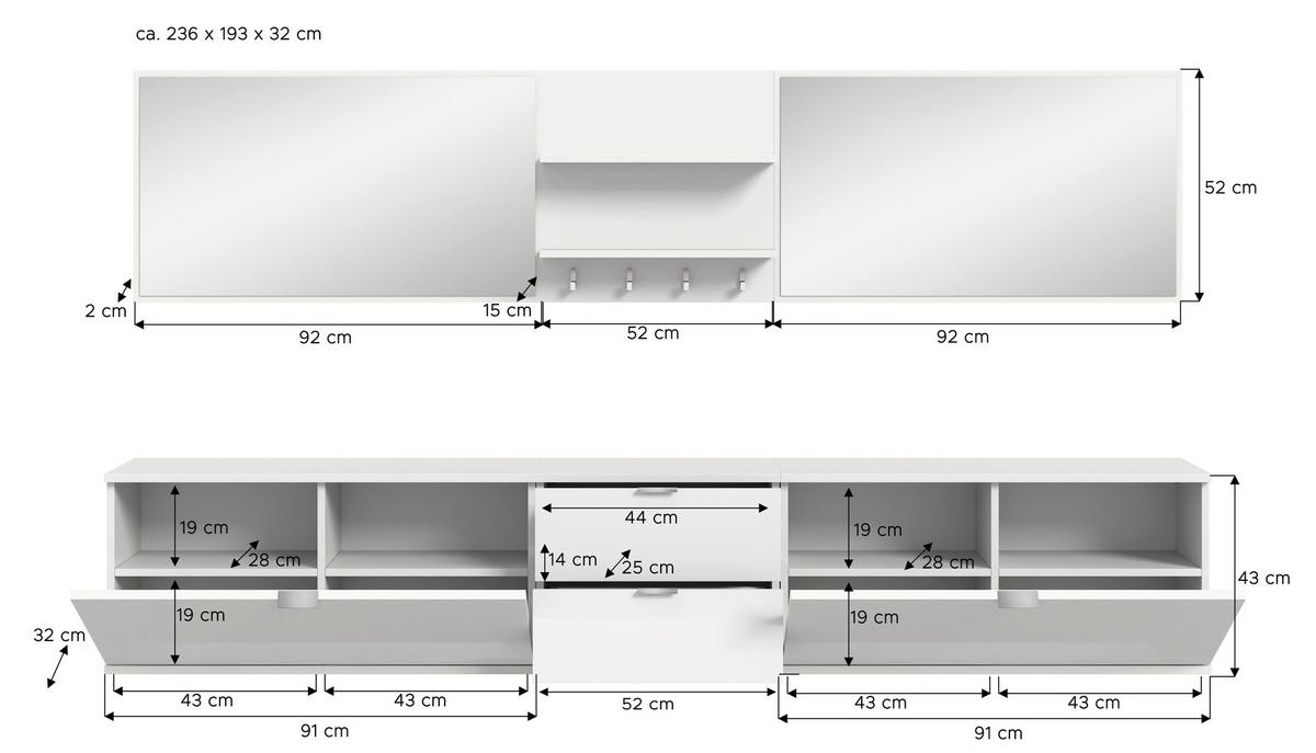 GARDEROBE PROJEKT X - Weiss Hochglanz/Weiss, Design, Holzwerkstoff (236/193/32cm) - Livetastic