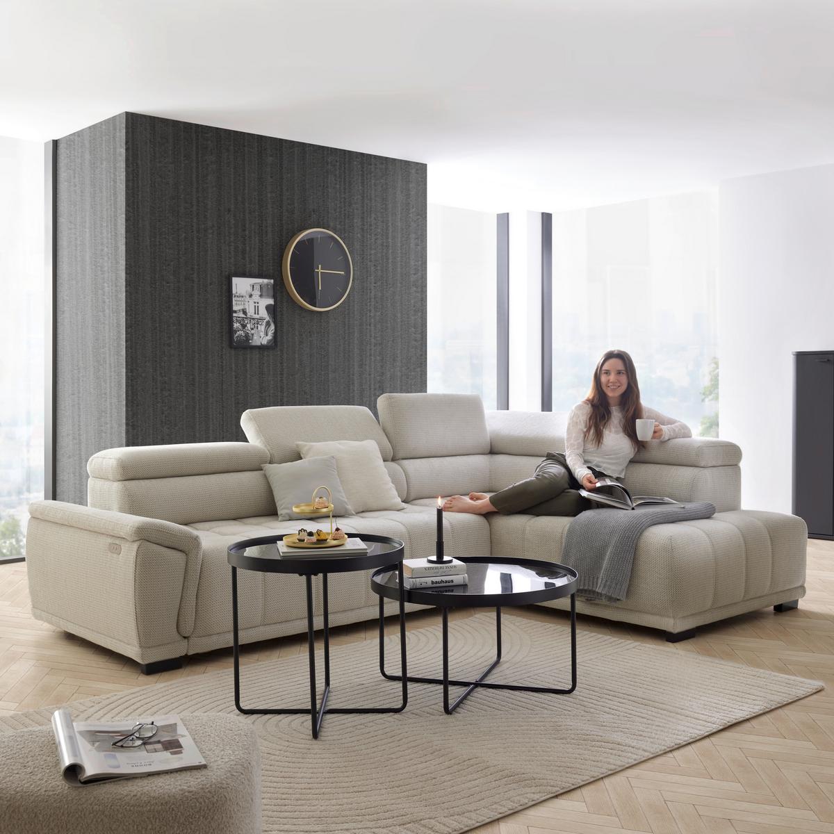 Ecksofa Gremio Rechts Grauweiß - Grauweiß/Schwarz, MODERN, Kunststoff/Textil (283/206cm) - Premium Living