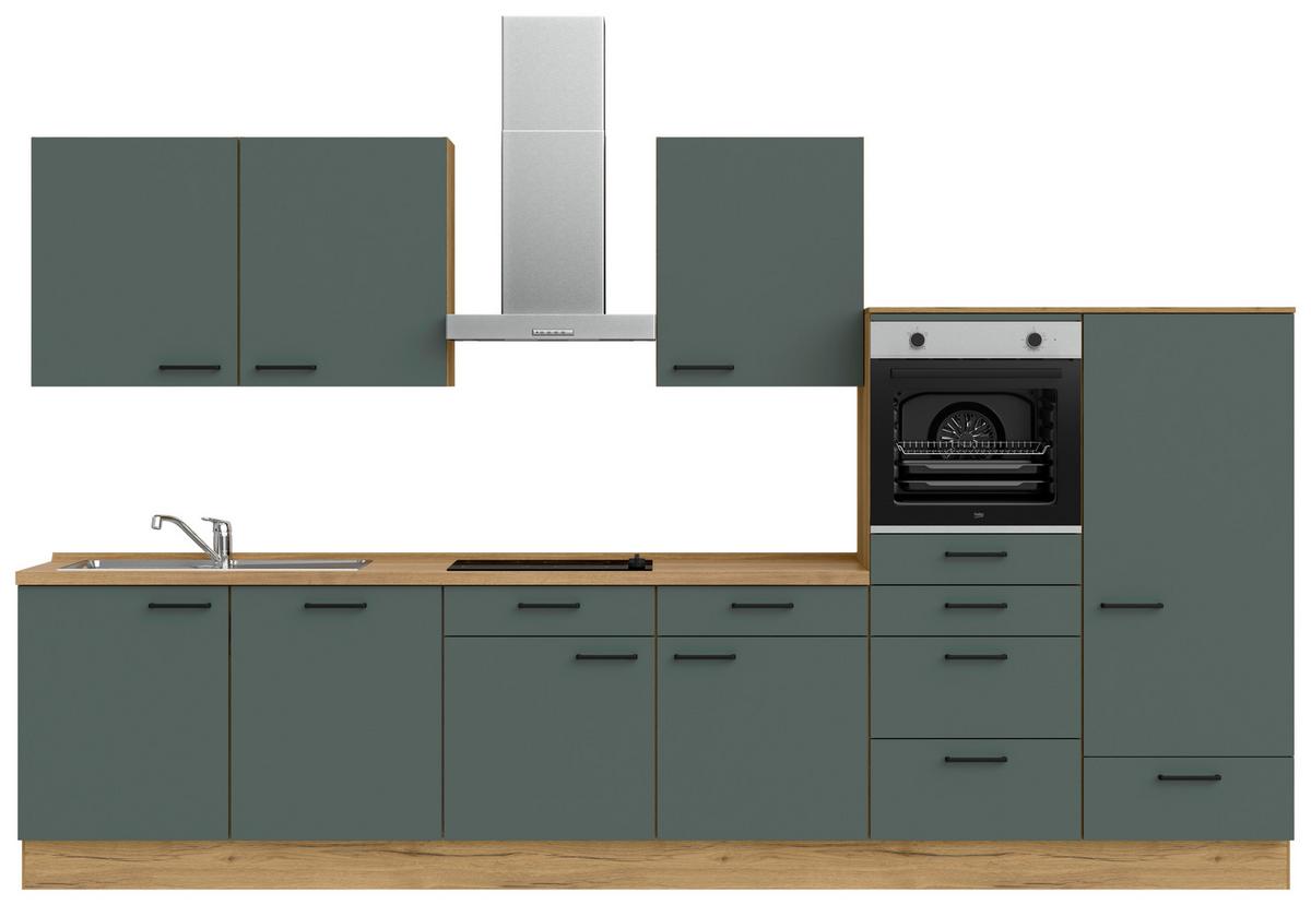 Küchenblock Touch Low m. Geräten Dunkelgrün - Dunkelgrün/Eichefarben, MODERN, Holzwerkstoff/Metall (360cm) - Nobilia