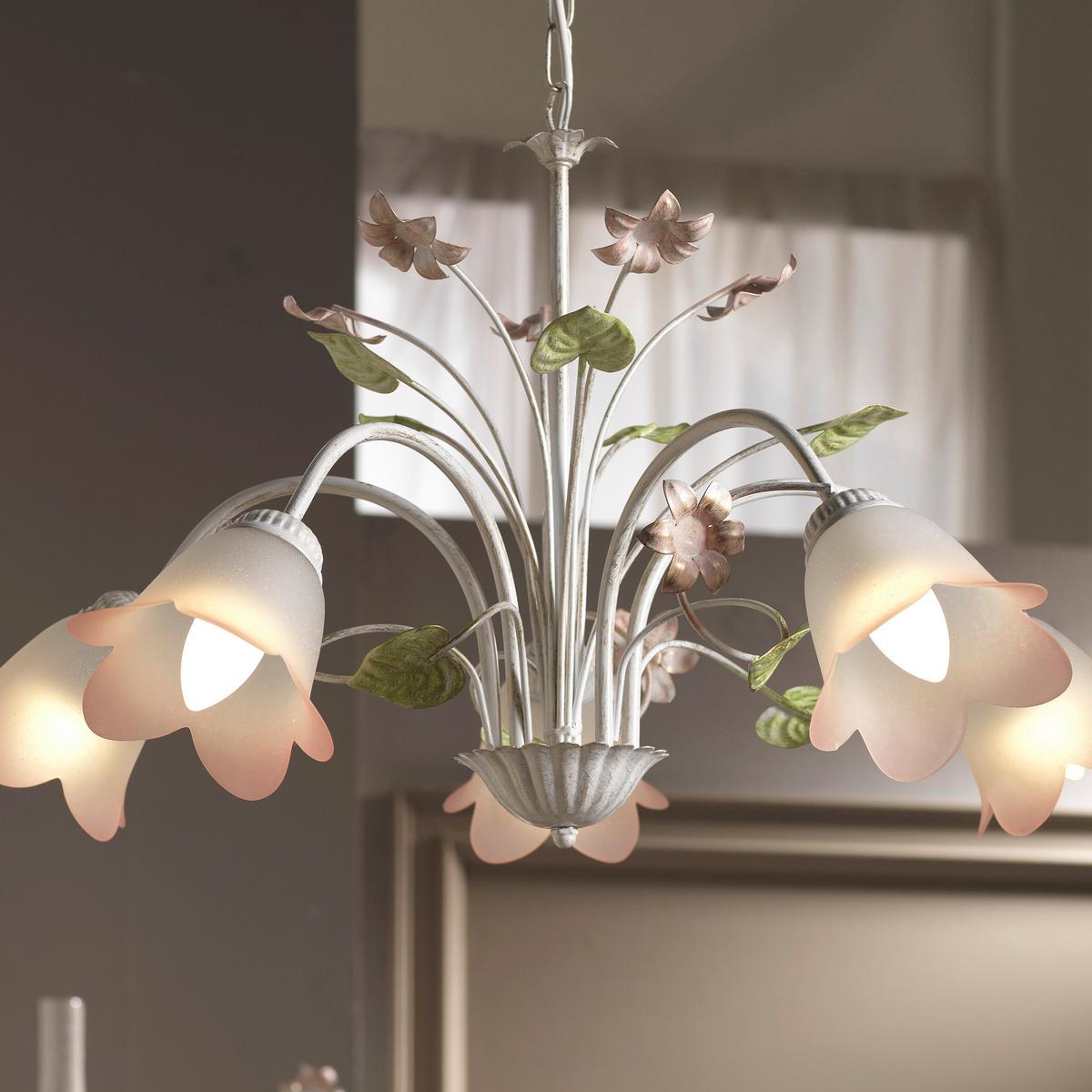 Kronleuchter Botton d'oro Weiß/Pink max. 6 Watt - Pink/Weiß, Natur, Glas/Metall (65/100cm)