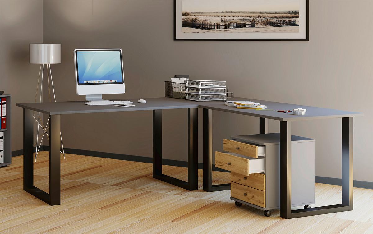 Kotna Pisalna Miza Lona, Antracit, Črna, 220x160cm - srebrne barve/črna, Design, kovina/leseni material (220/160/80cm) - MID.YOU