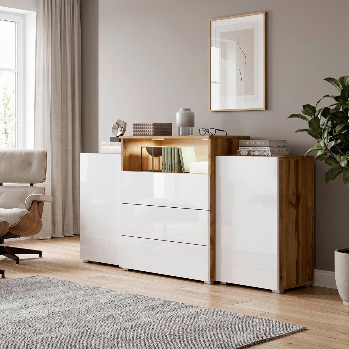 Sideboard Urban III mit LED ca. 150x69 cm Weiß/Eiche Wotan - Weiß Hochglanz/Eiche Wotan, LIFESTYLE, Holzwerkstoff/Kunststoff (150/80,7/39cm) - P & B