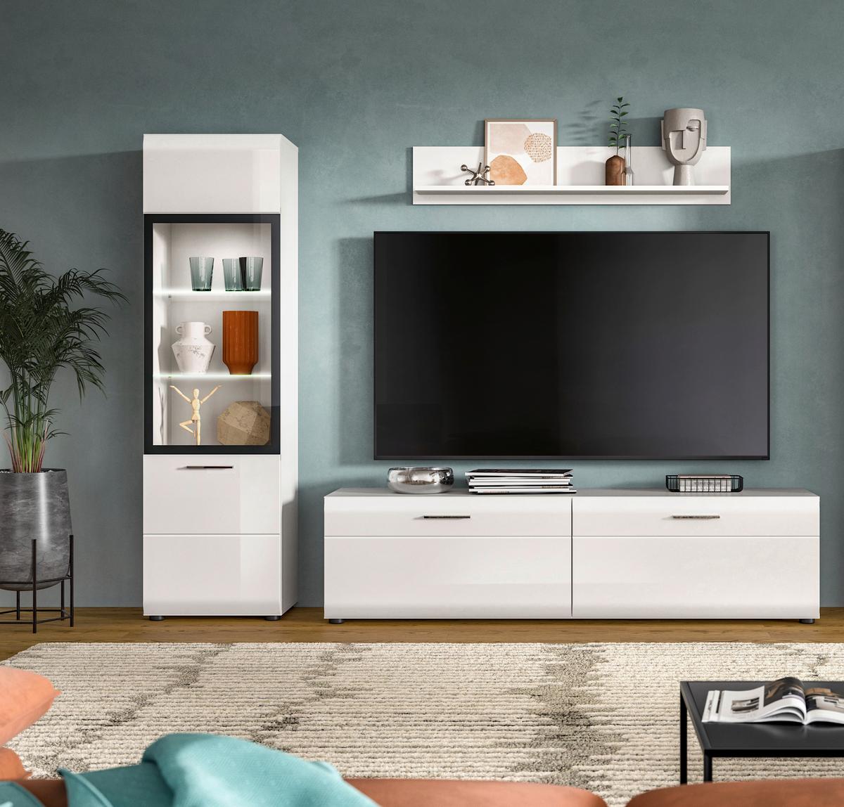 Dnevni Regal Ice, Bela Visok Sijaj, 3-Delni - srebrne barve/črna, Design, umetna masa/steklo (220/160/41cm) - Livetastic