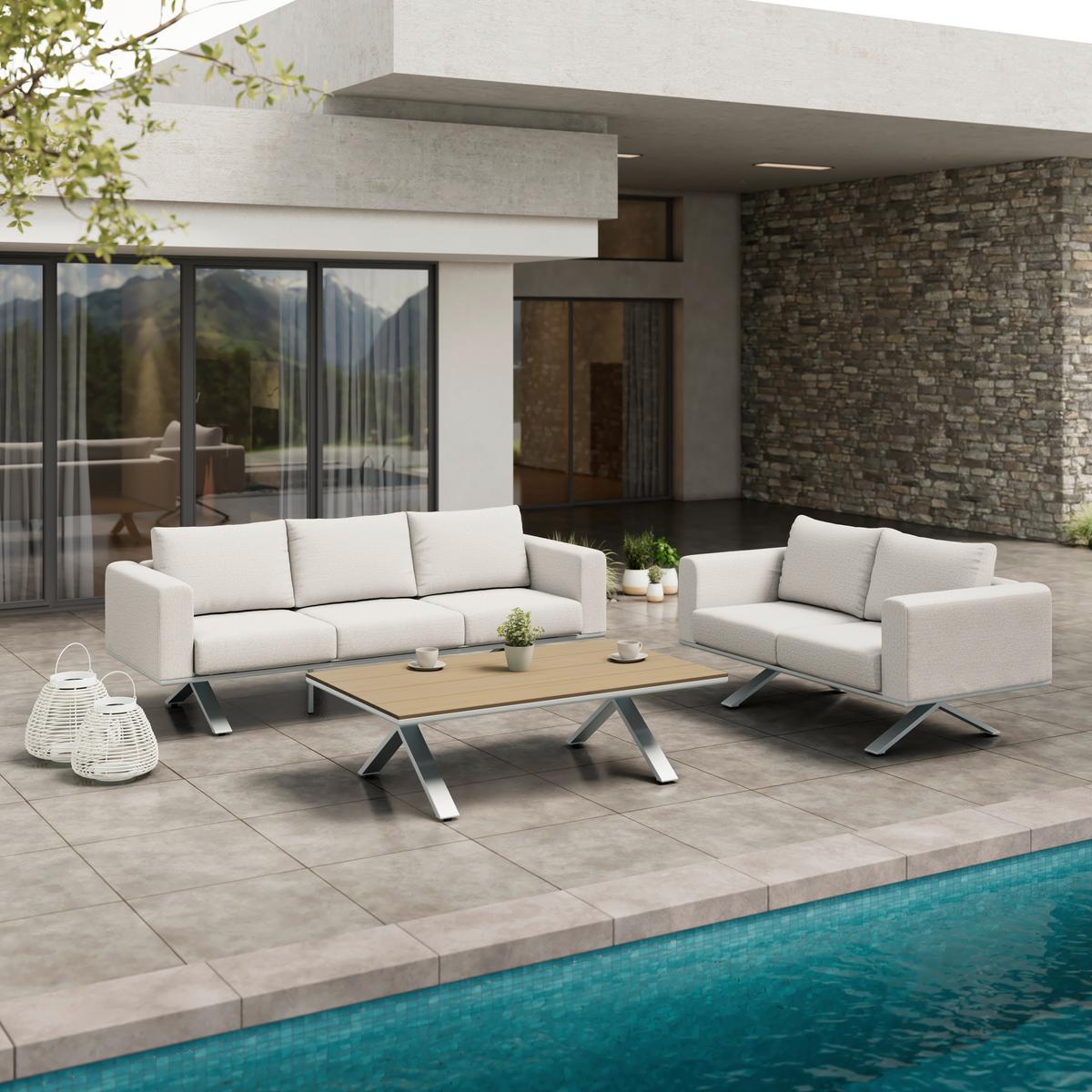 Loungegarnitur Sofia Hellgrau Outdoorstoff/Metall +Abdeckung - Hellgrau/Naturfarben, MODERN, Kunststoff/Textil (221/67/80cm) - Bessagi Garden