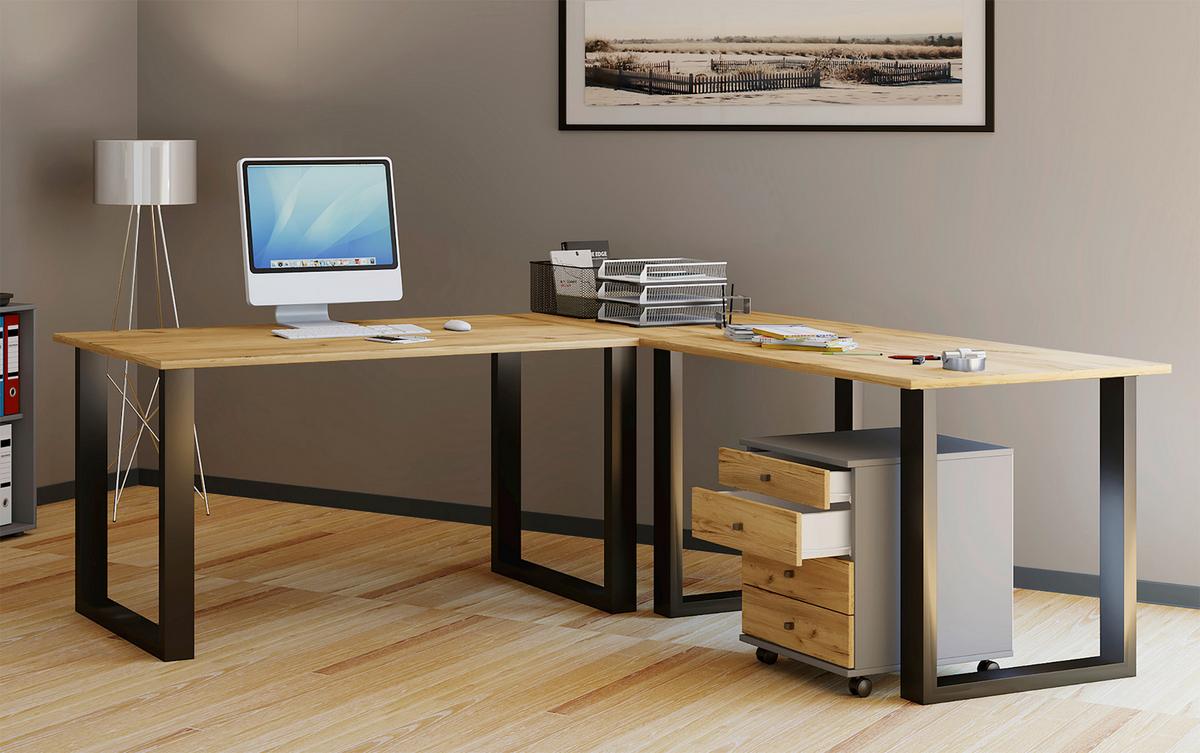 Kotna Pisalna Miza Lona, Barva Hrasta, Črna, 190x190cm - srebrne barve/črna, Design, kovina/leseni material (190/190/76cm) - MID.YOU