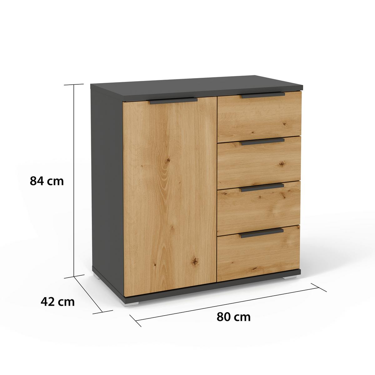 Komoda Endora, Barva Hrasta, Barva Grafita - barve hrasta/barve aluminija, Konvencionalno, kovina/umetna masa (80/84/42cm) - Xora