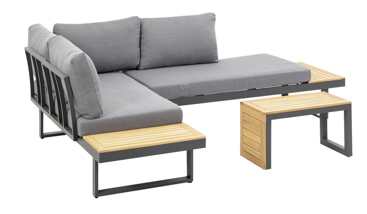 Loungegarnitur 3-tlg. Samara Holz/Metall/Textil mit Kissen - Anthrazit/Grau, Basics, Holz/Textil (253/70/175cm) - Gardenson