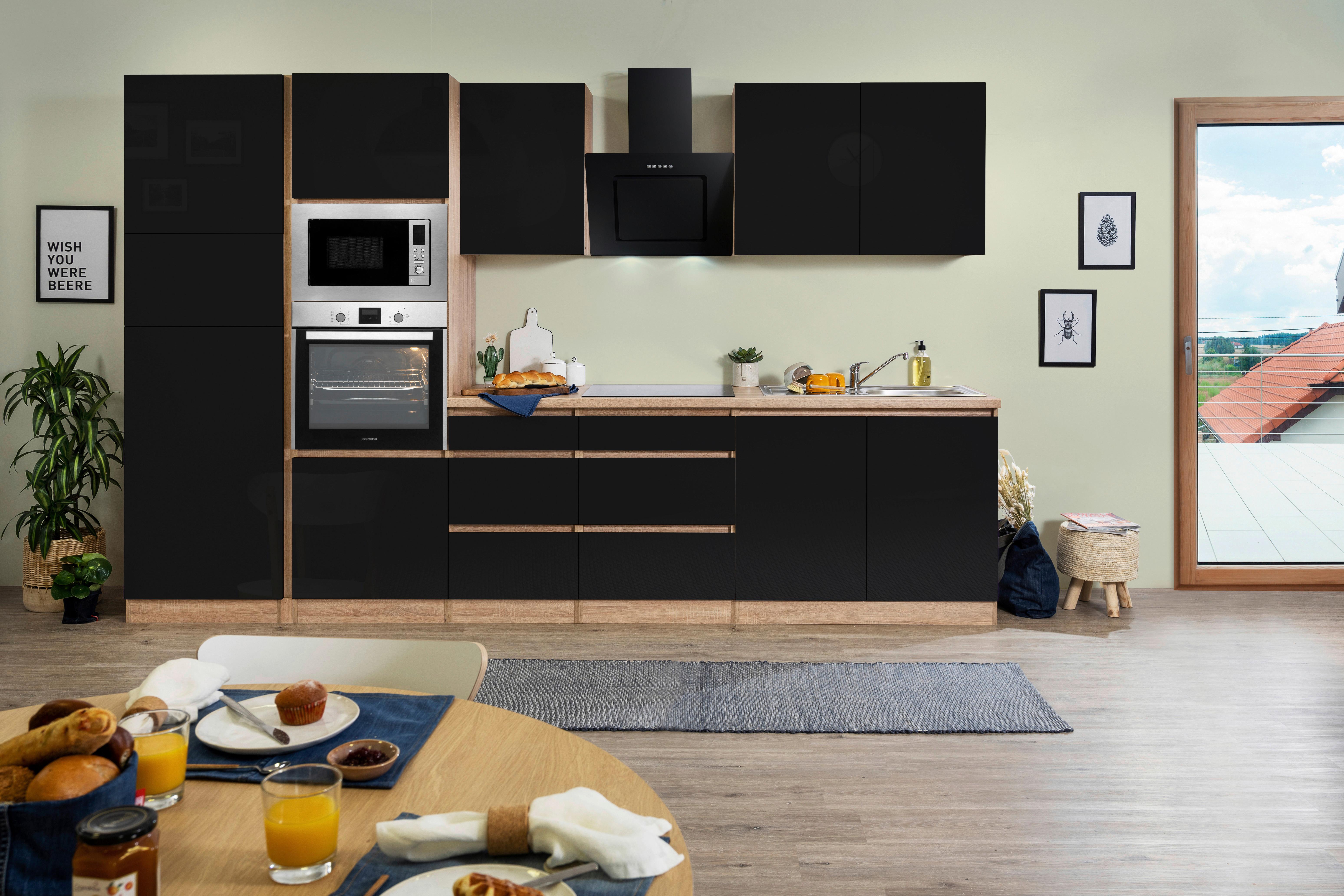 Küchenblock Lorena mit Geräten ca. 335 cm Schwarz Hochglanz - Schwarz Hochglanz/Eichefarben, Basics, Holzwerkstoff (335cm) - Respekta