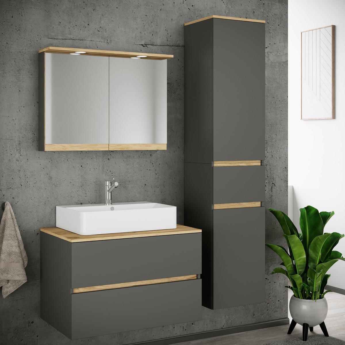 Badezimmer Cosila - Honigeiche/Weiss, Trend, Keramik/Holzwerkstoff (120cm) - MID.YOU