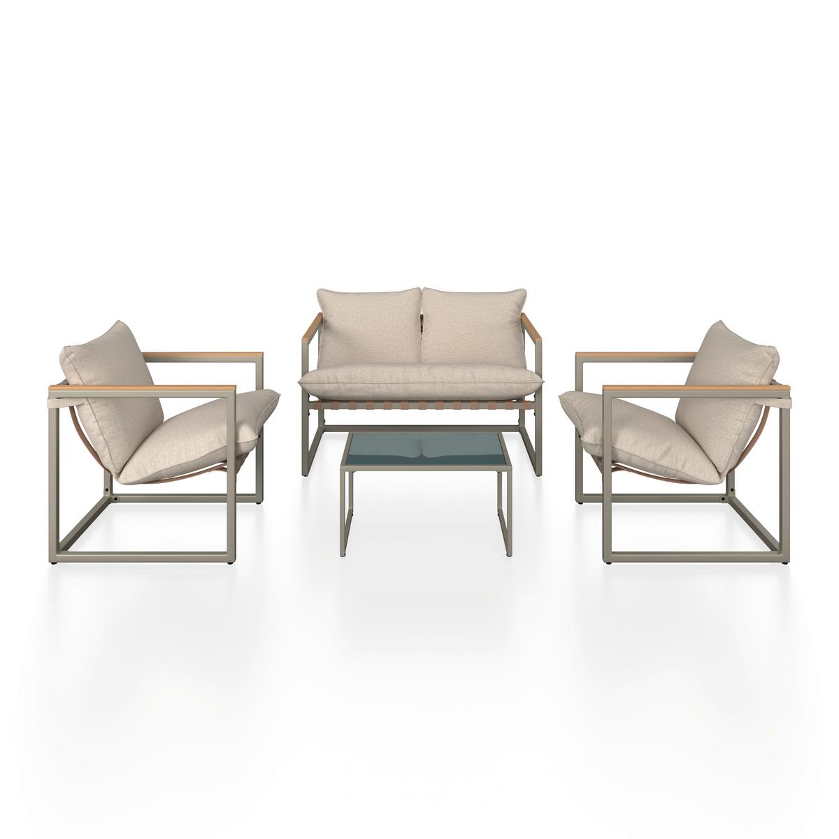 Loungegarnitur Lara Creme Metall/Outdoorstoff +Abdeckung - Creme/Grau, MODERN, Glas/Kunststoff (114cm) - Bessagi Garden